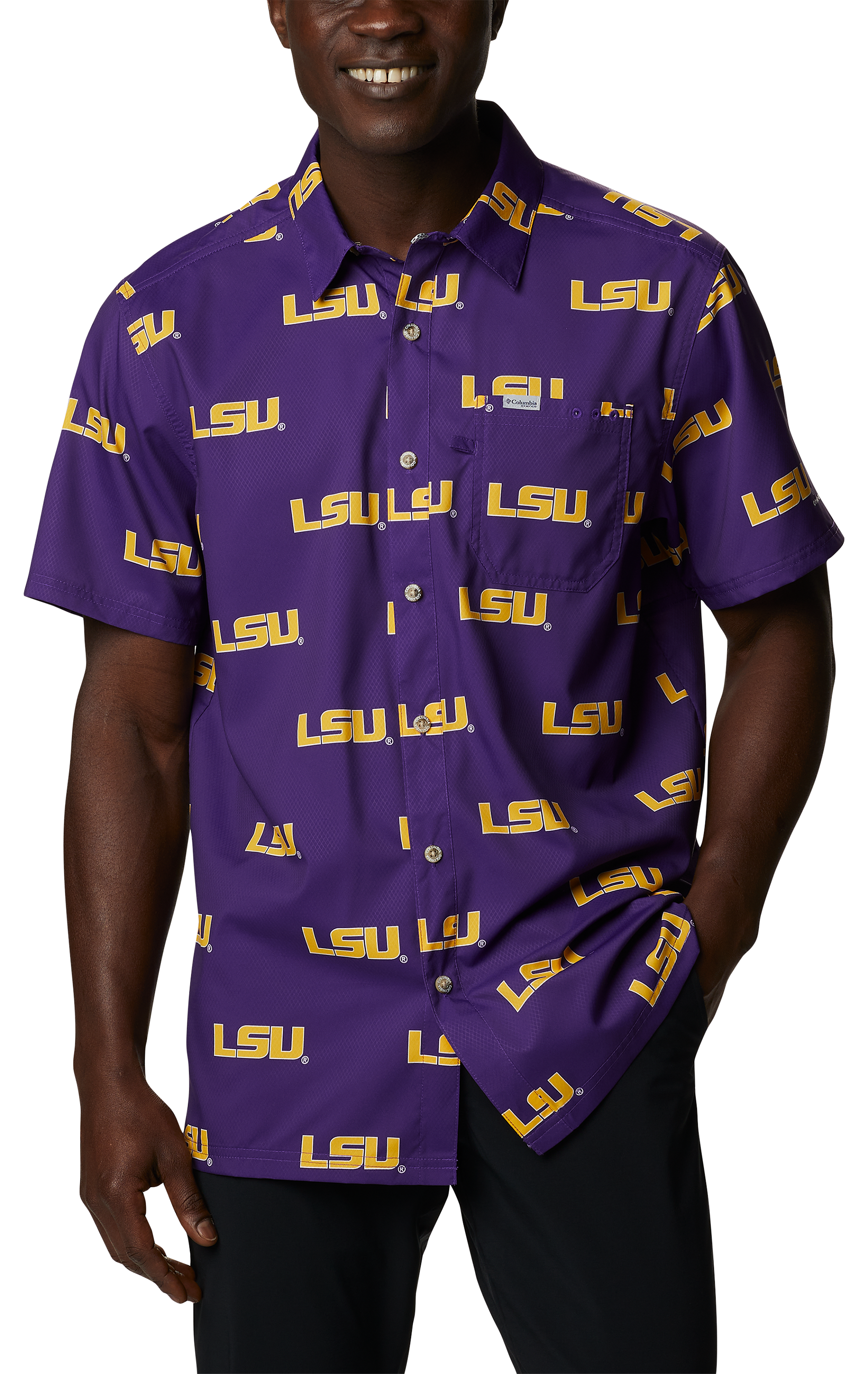Image of Columbia Collegiate PFG Super Slack Tide Shirt for Men - Louisiana State University/Vivid Purple Logo - M