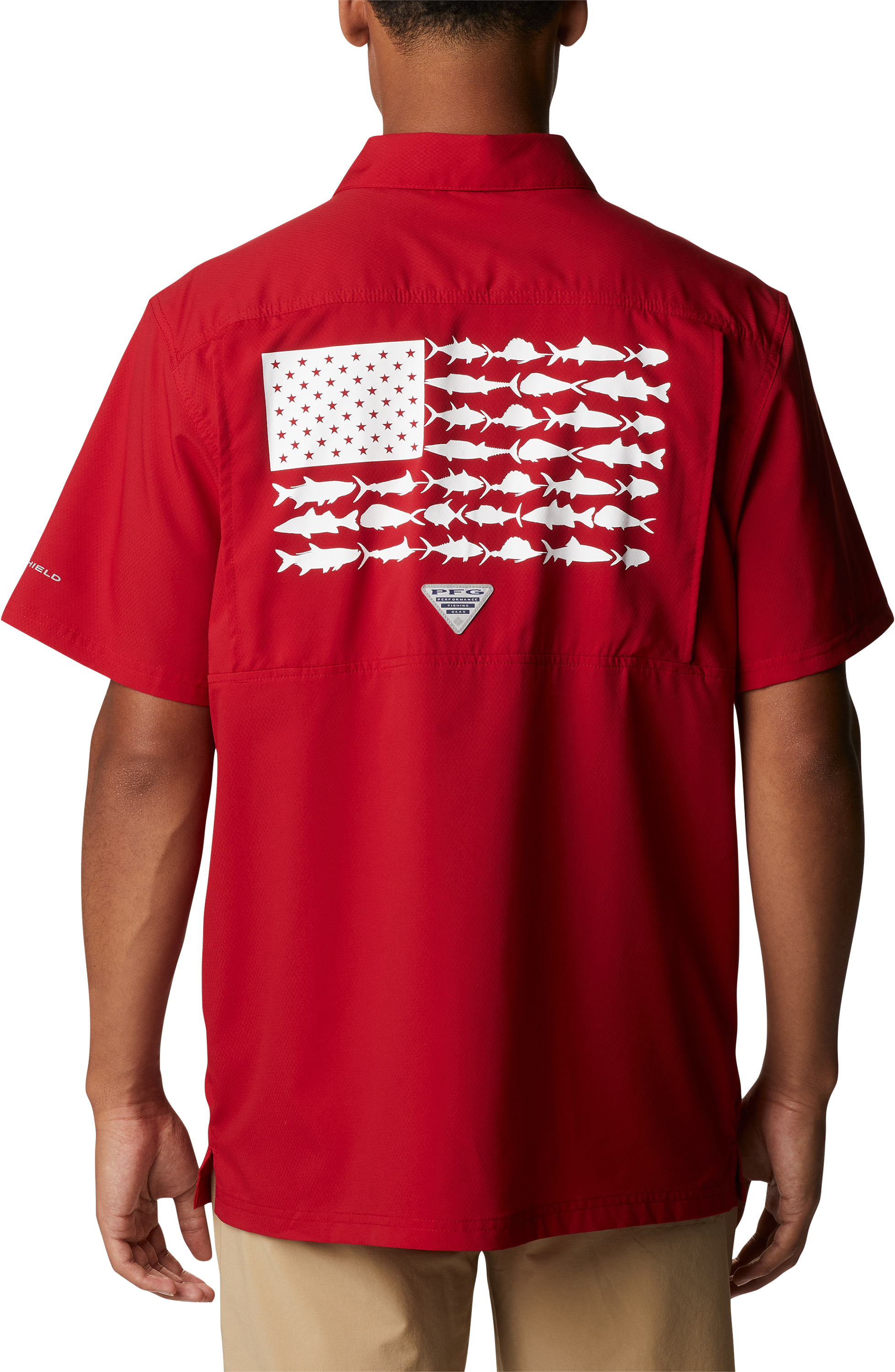 Image of Columbia Collegiate Standard Slack Tide Camp Short-Sleeve Shirt for Men - University of Arkansas/Red Velvet - S