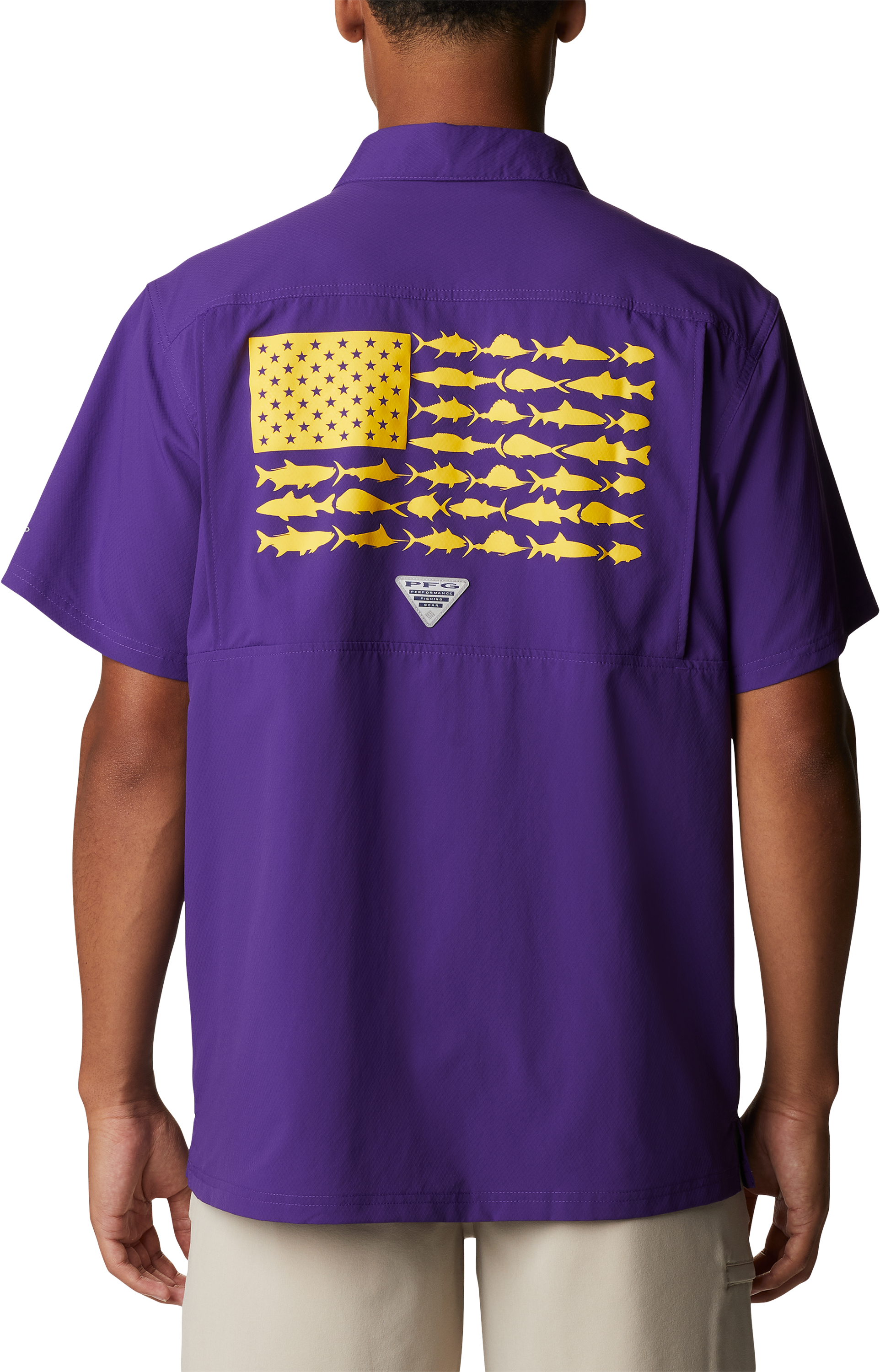 Image of Columbia Collegiate Standard Slack Tide Camp Short-Sleeve Shirt for Men - Louisiana State University/Vivid Purple - S