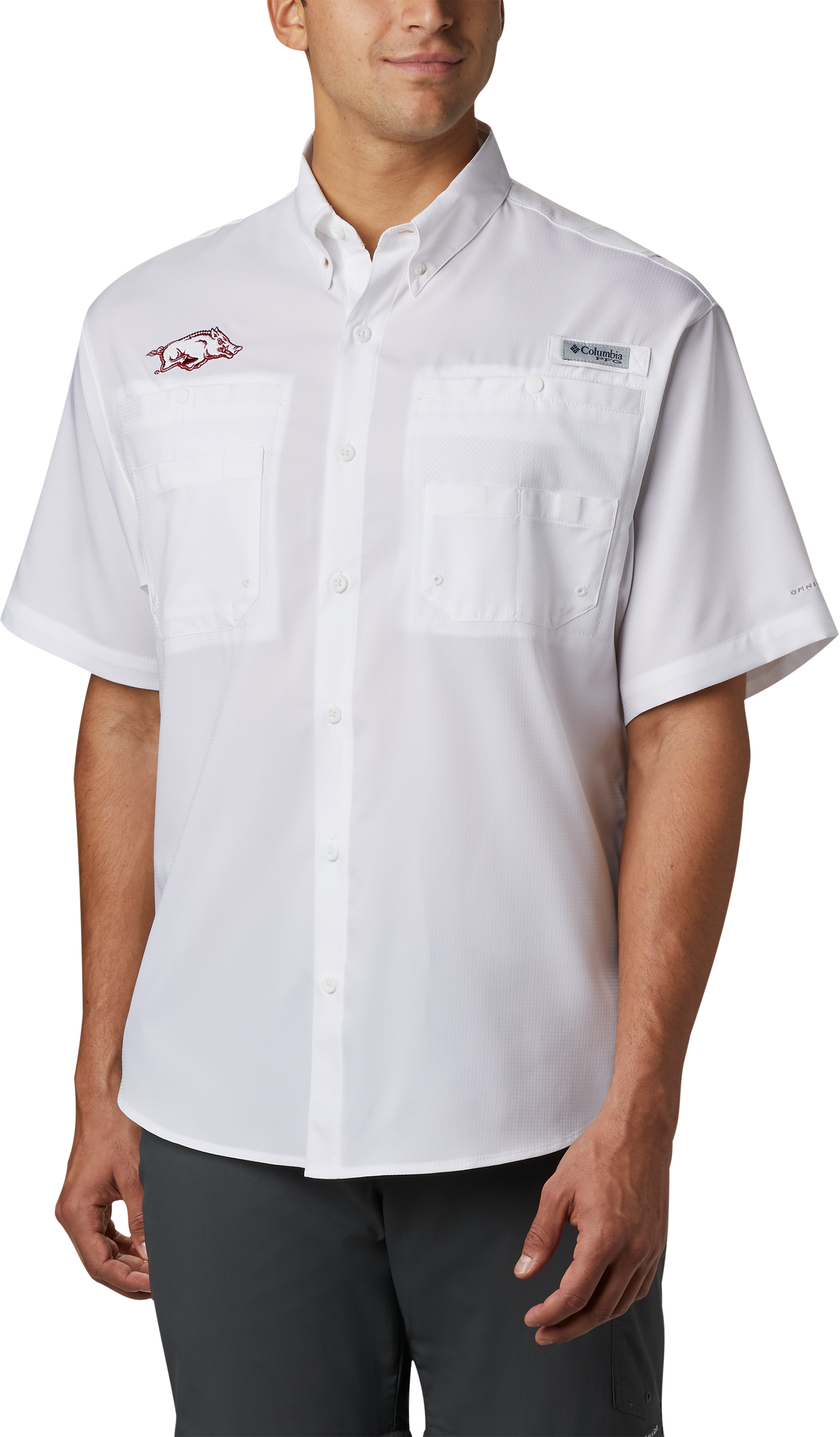 Image of Columbia Collegiate PFG Tamiami Short-Sleeve Shirt for Men - White/University of Arkansas