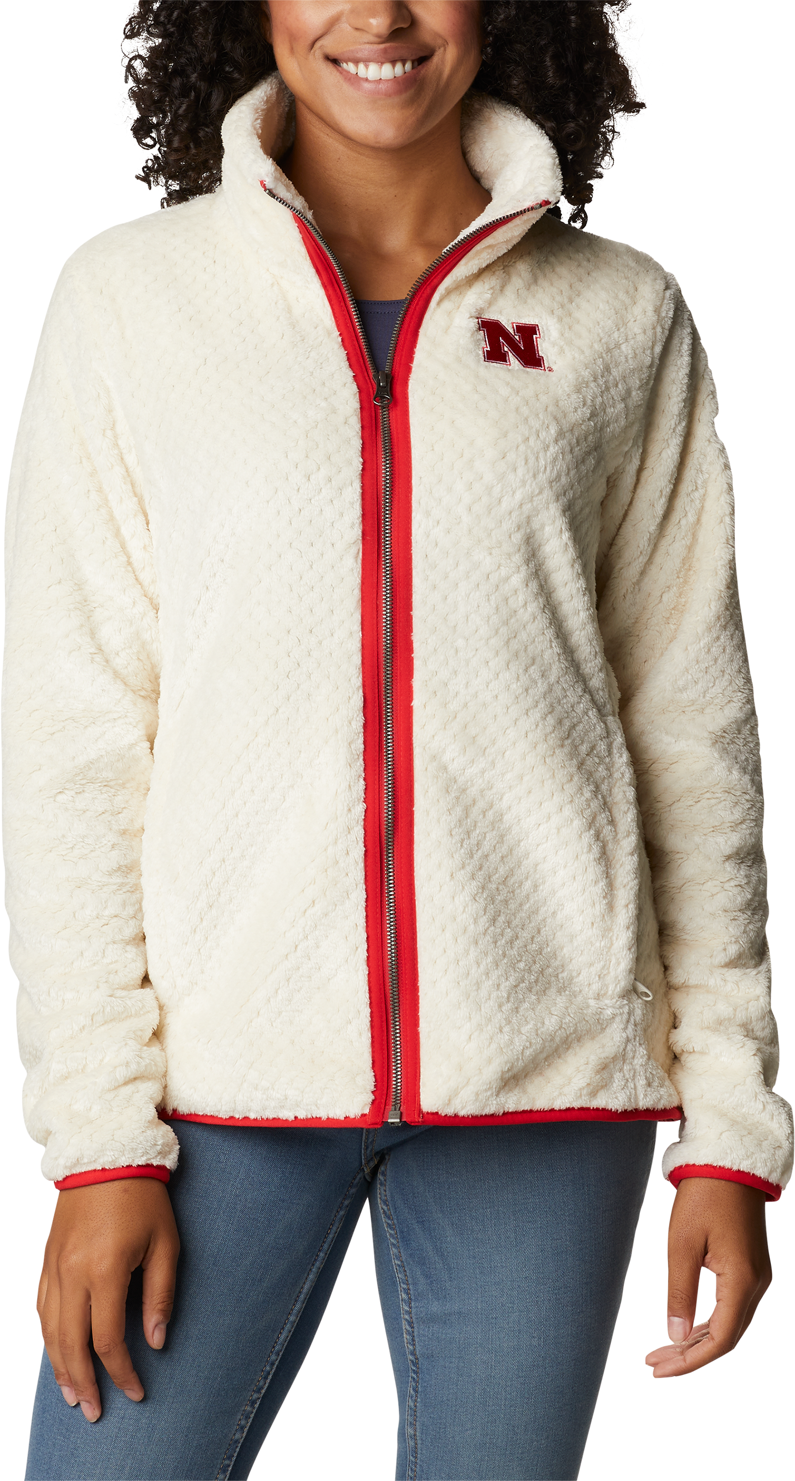 Image of Columbia Collegiate Fire Side II Sherpa Full-Zip Fleece for Ladies - University of Nebraska/Chalk - S