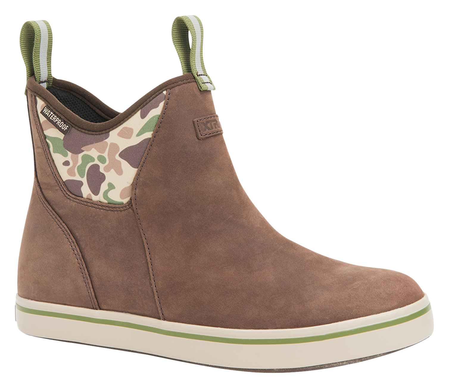 XtraTuf Leather Ankle Deck Boots for Men - Brunette/Chocolate Brown/Duck Camo - 10M