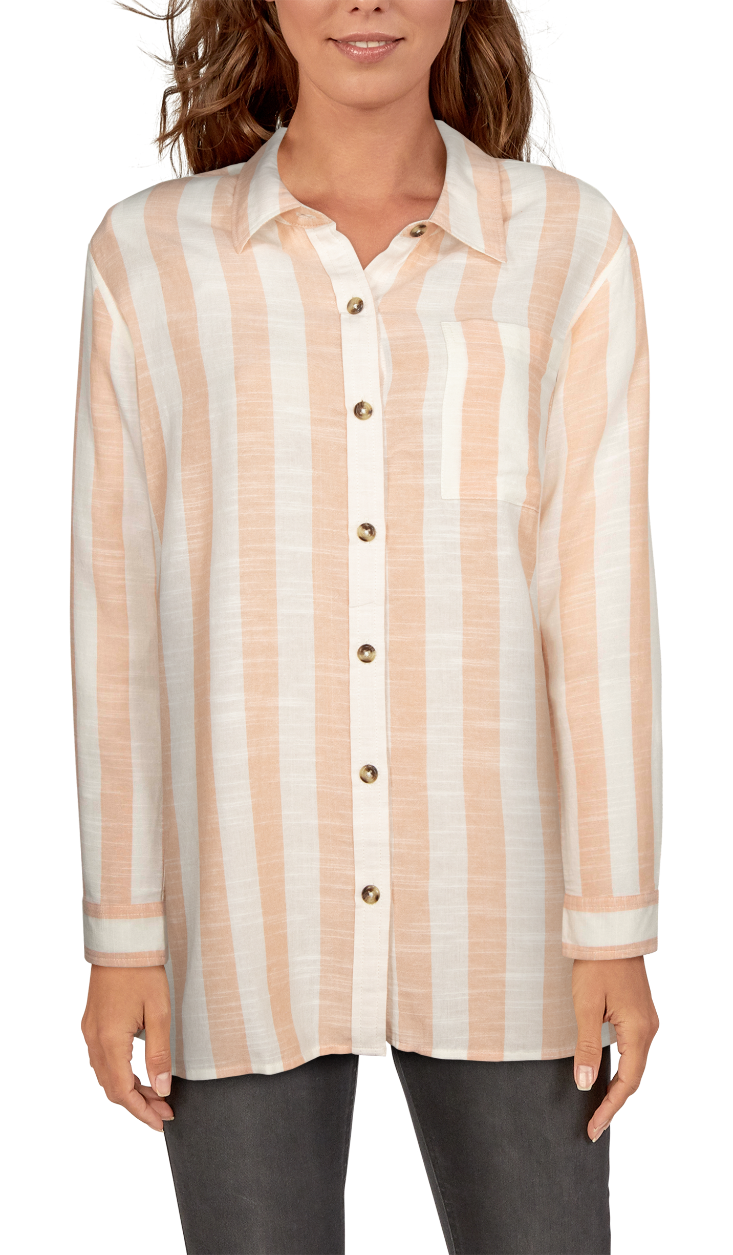Natural Reflections Stripe Textured Button-Down Long-Sleeve Shirt for Ladies                                                    