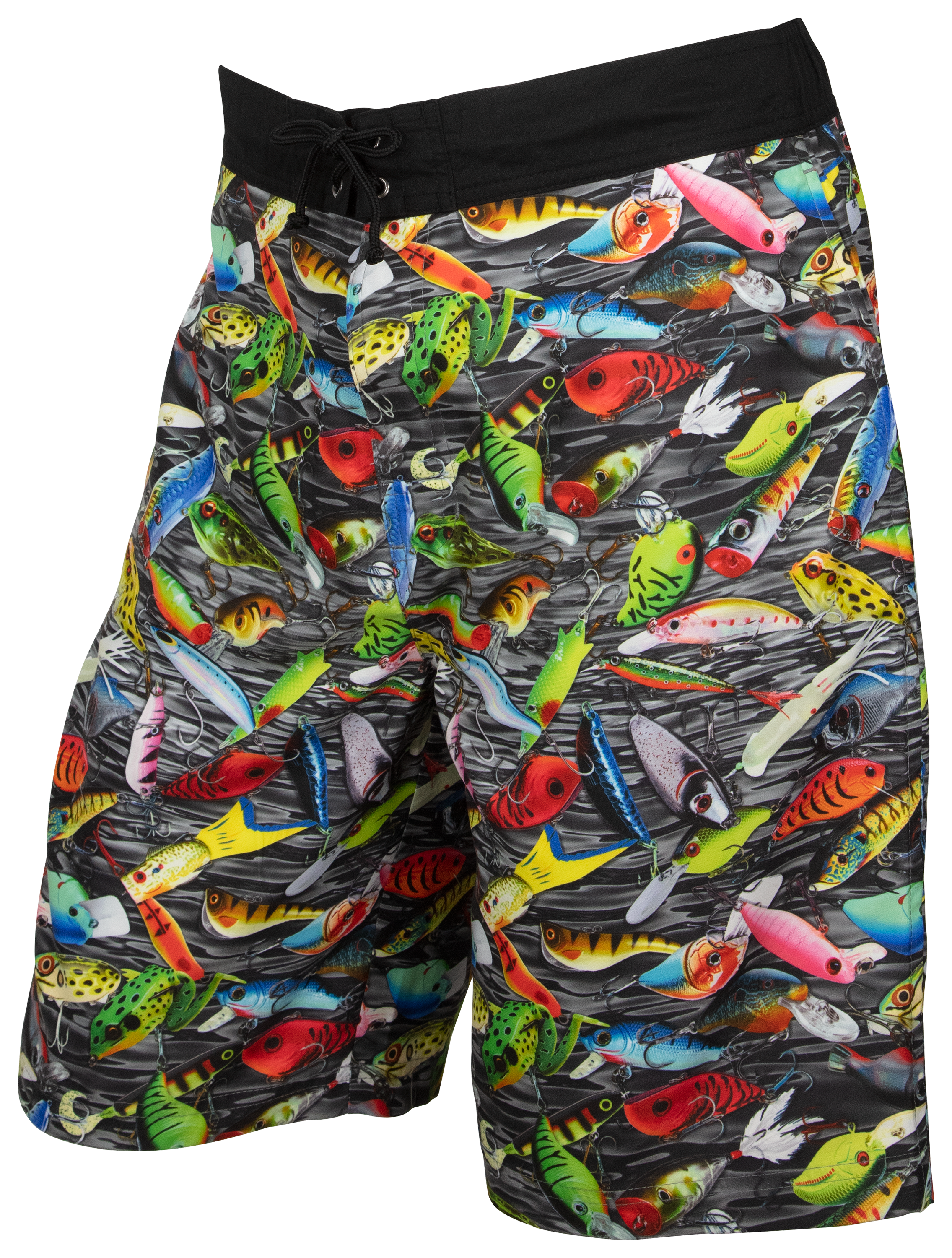 Bass Pro Shops Printed Swim Shorts for Men - Black Fishing Lures - S