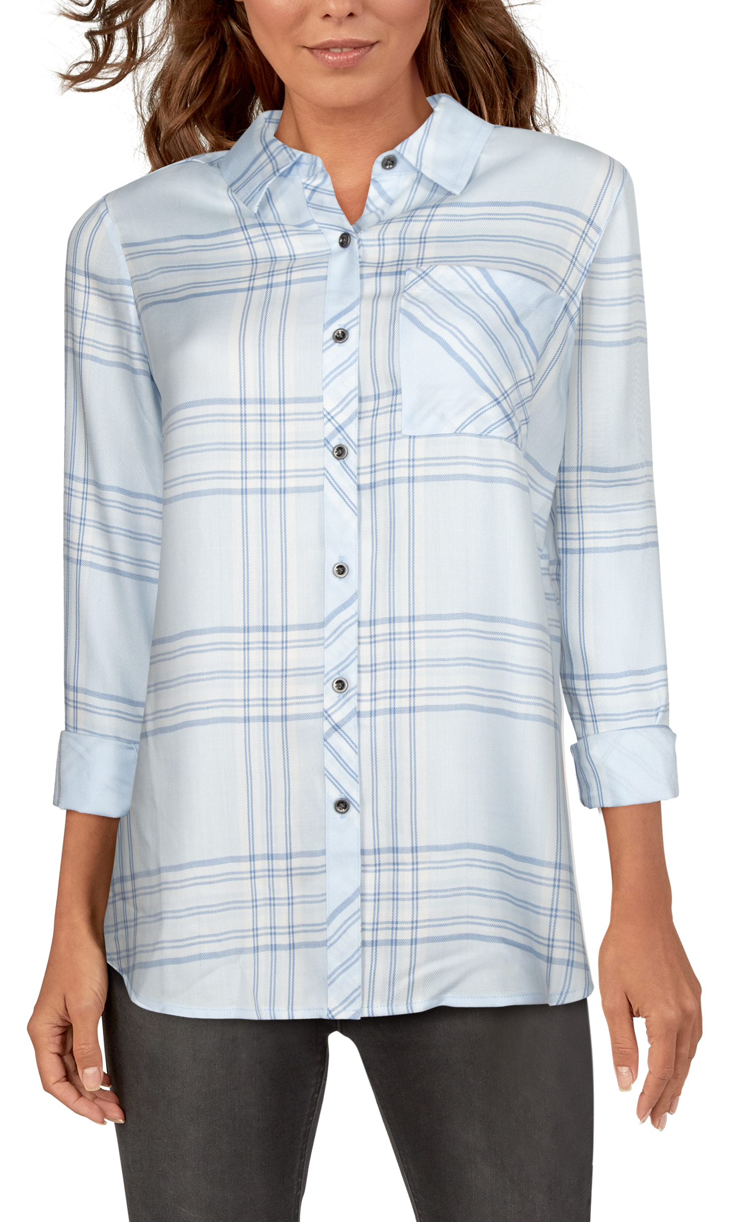 Image of Natural Reflections Bleach Wash Plaid Long-Sleeve Shirt for Ladies - Light Wash - M