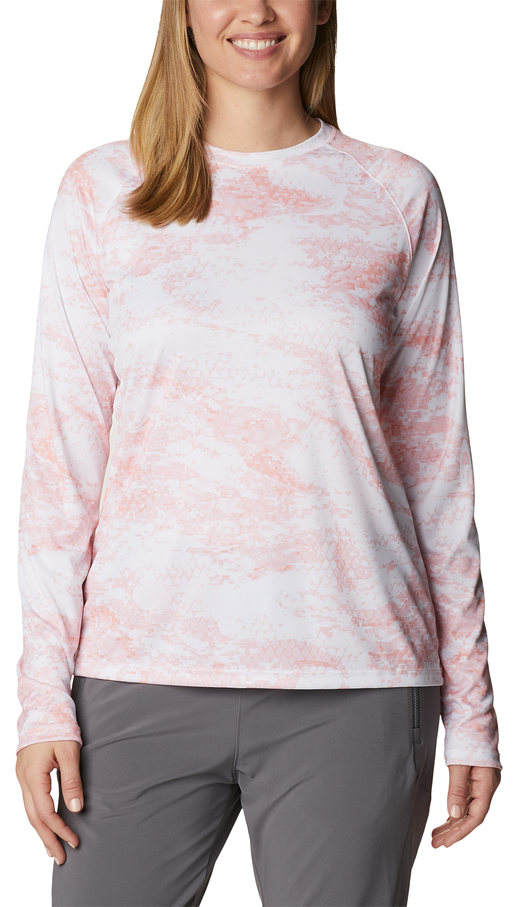 Image of Columbia PFG Super Tidal Tee Long-Sleeve Shirt for Ladies - Tiki Pink PFG Camp Print - XS