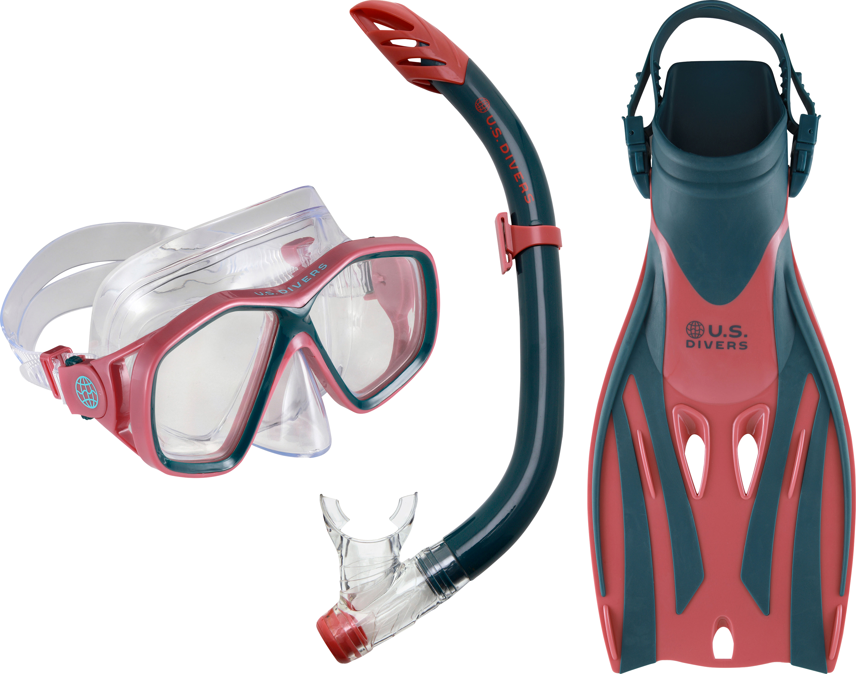 U.S. Divers Redondo DX Mask, Mission Fins, and Padang DX Snorkel Combo Set - Navy/Coral - S/M