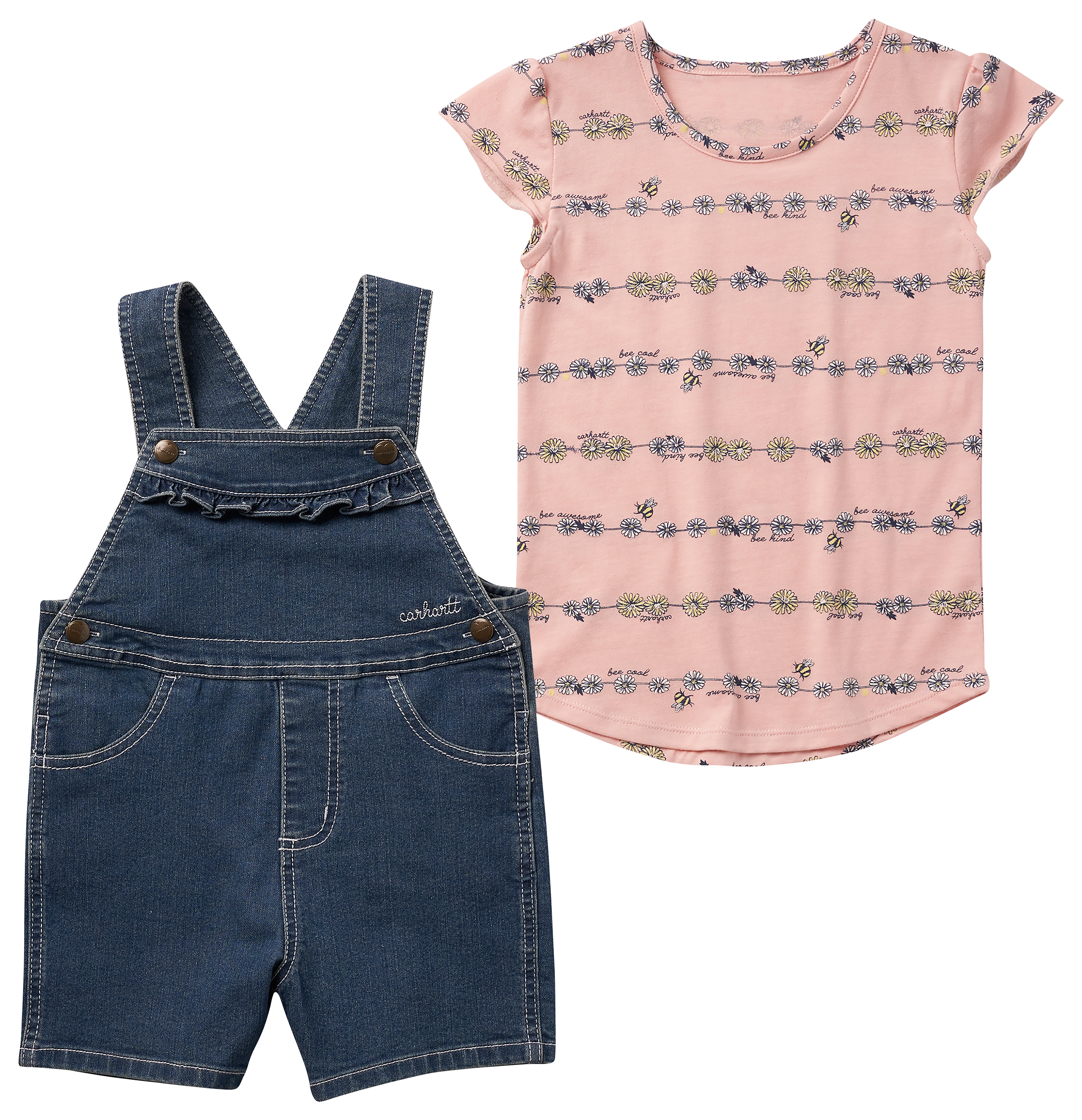 Carhartt Daisy Chain Print Short Sleeve T Shirt and Denim Shortalls Set for Toddler Girls Denim Medium Wash 3T