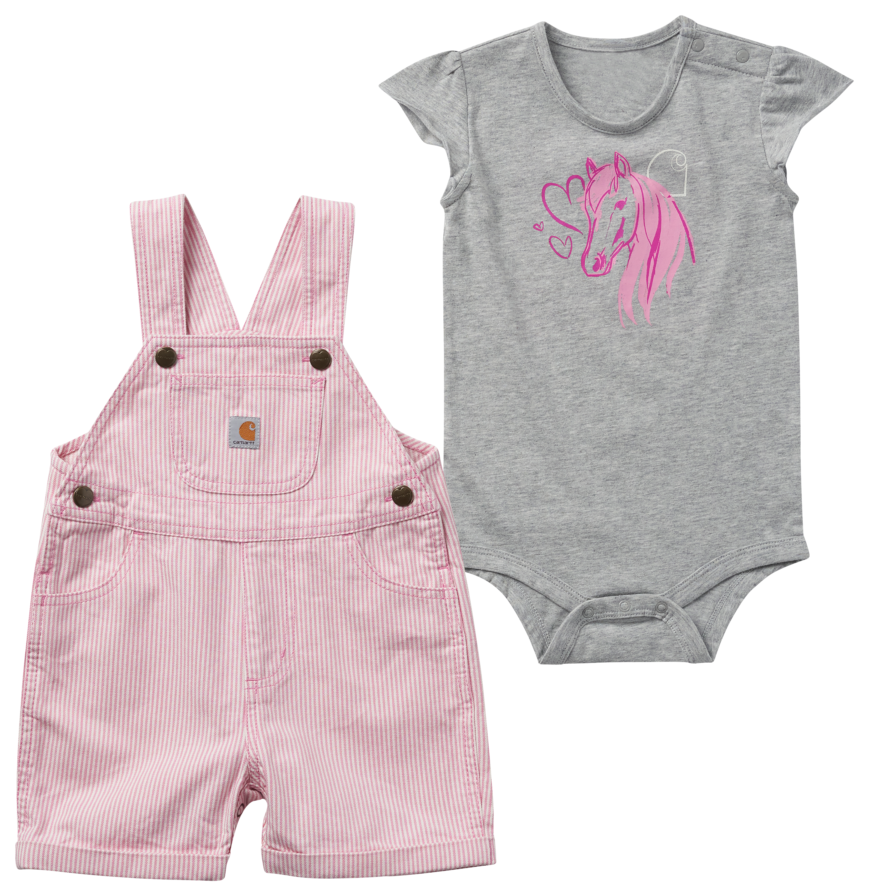 Carhartt Horse Short Sleeve Bodysuit and Stripe Shortalls Set for Baby Girls Rosebloom 24 Months