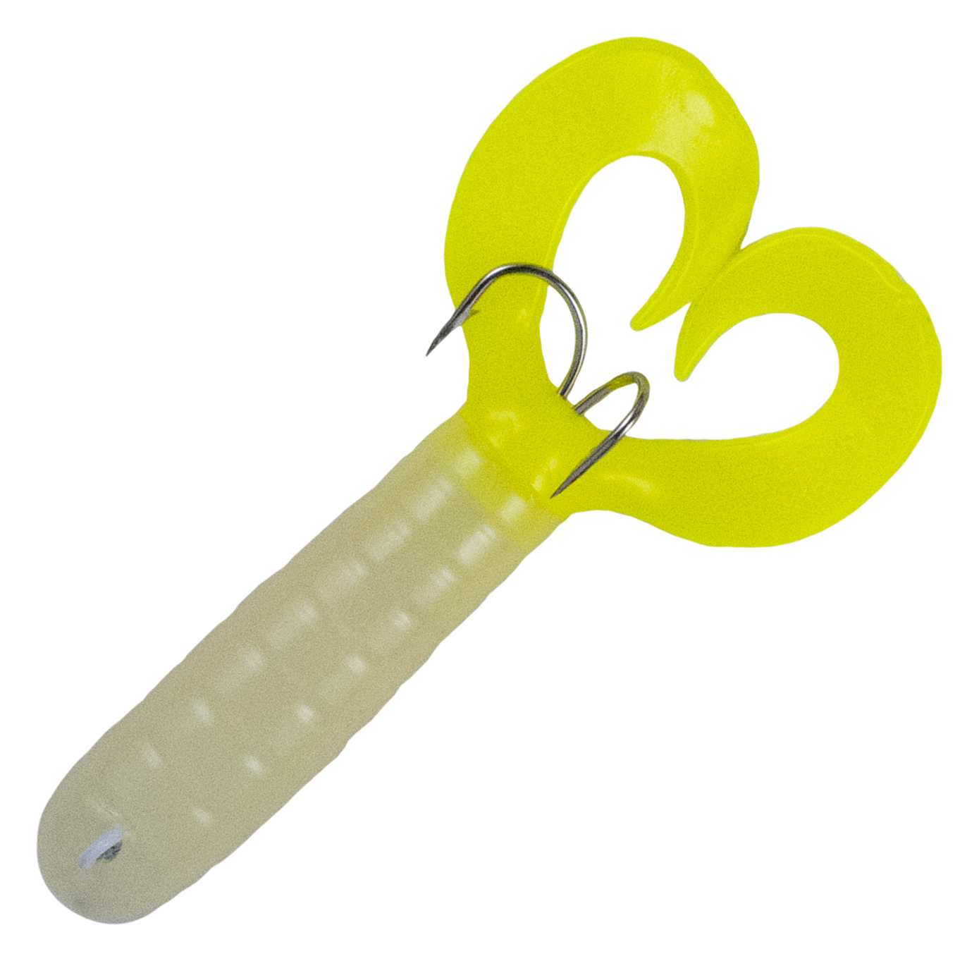 H&H Lure Company Flounder Pounder Curly Tail Tube - Glow White/Chartreuse Tail