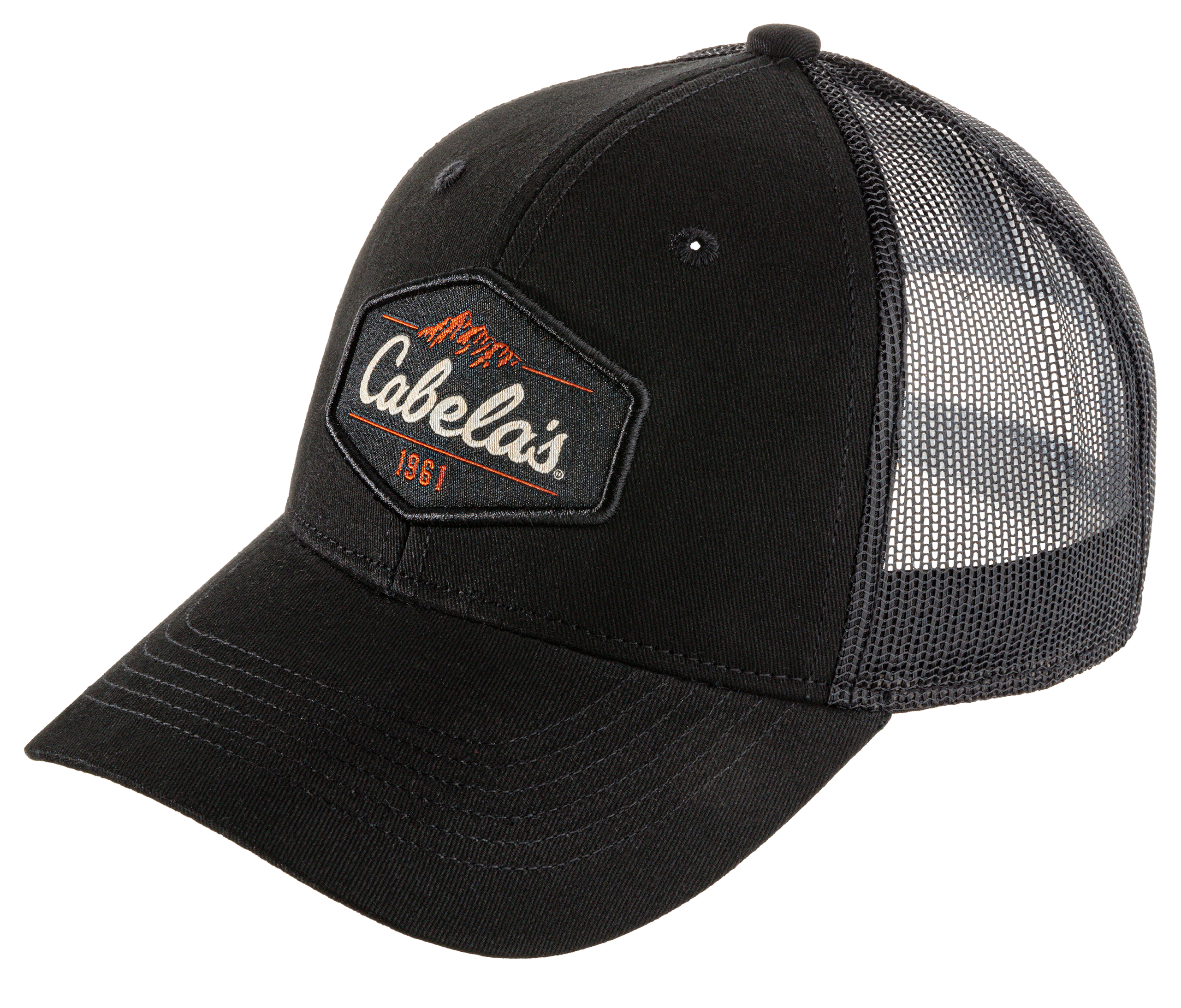 Cabelas Logo Trucker Hat Black And Beige Mesh Snap Back One Size Fits Most