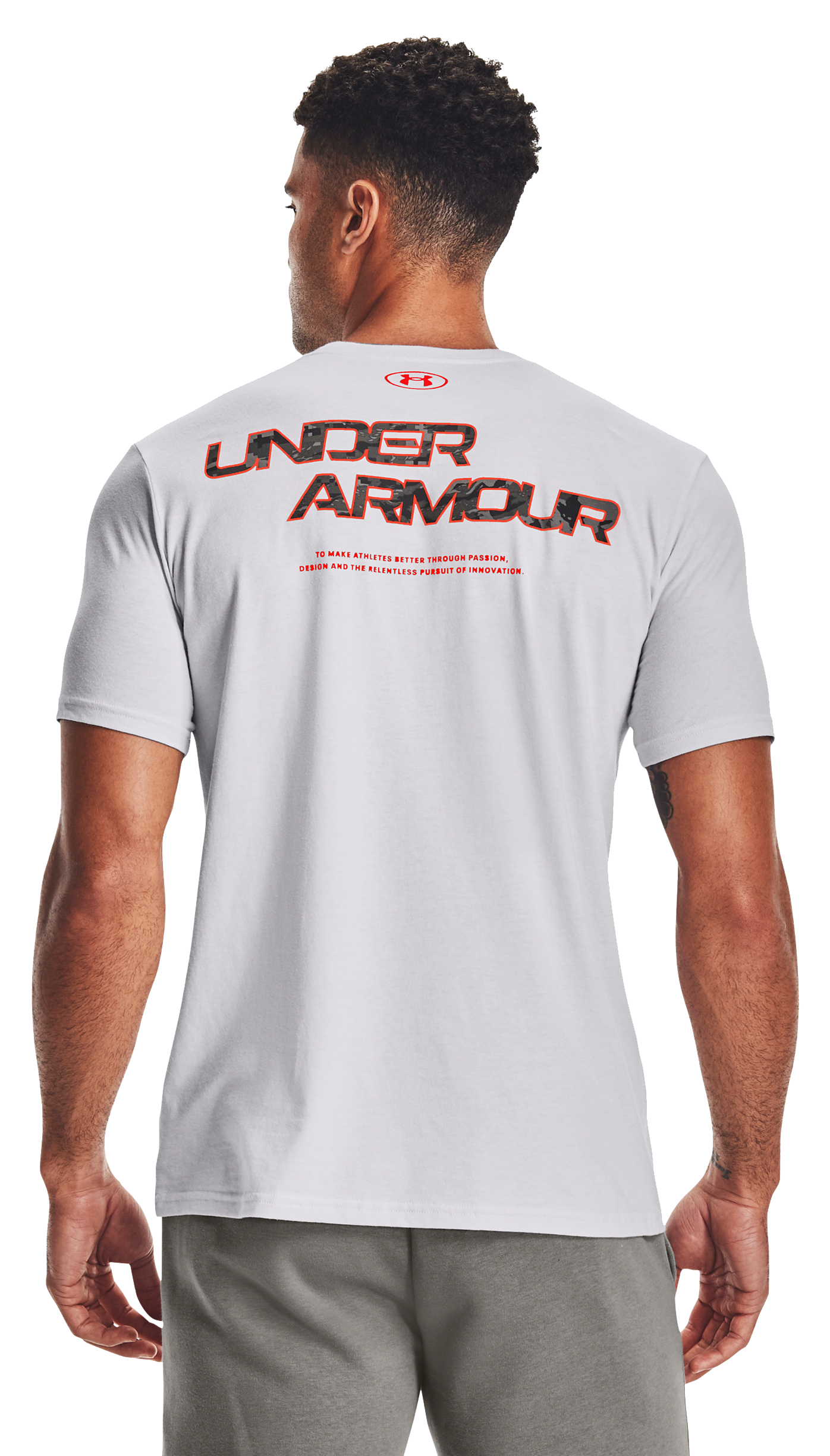 Image of Under Armour ABC Camo Fill Wordmark Short-Sleeve T-Shirt for Men - Halo Gray/Phoenix Fire - S