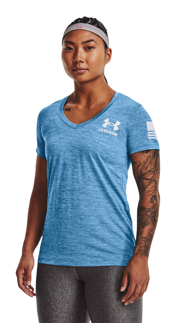  Under Armour Womens Tech V-Neck Twist Short-Sleeve T-Shirt,  (471) Sonar Blue/Baja Blue/Metallic Silver, Large : Clothing, Shoes &  Jewelry