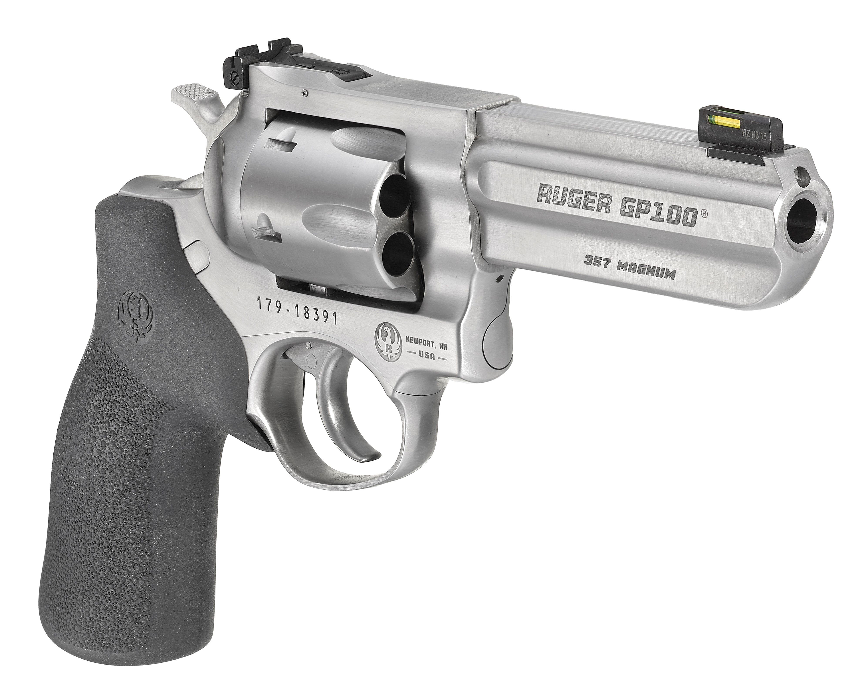 Ruger GP100 Match Champion Double-Action Revolver with Hogue Rubber Tamer Grip with No Finger Grooves - Ruger