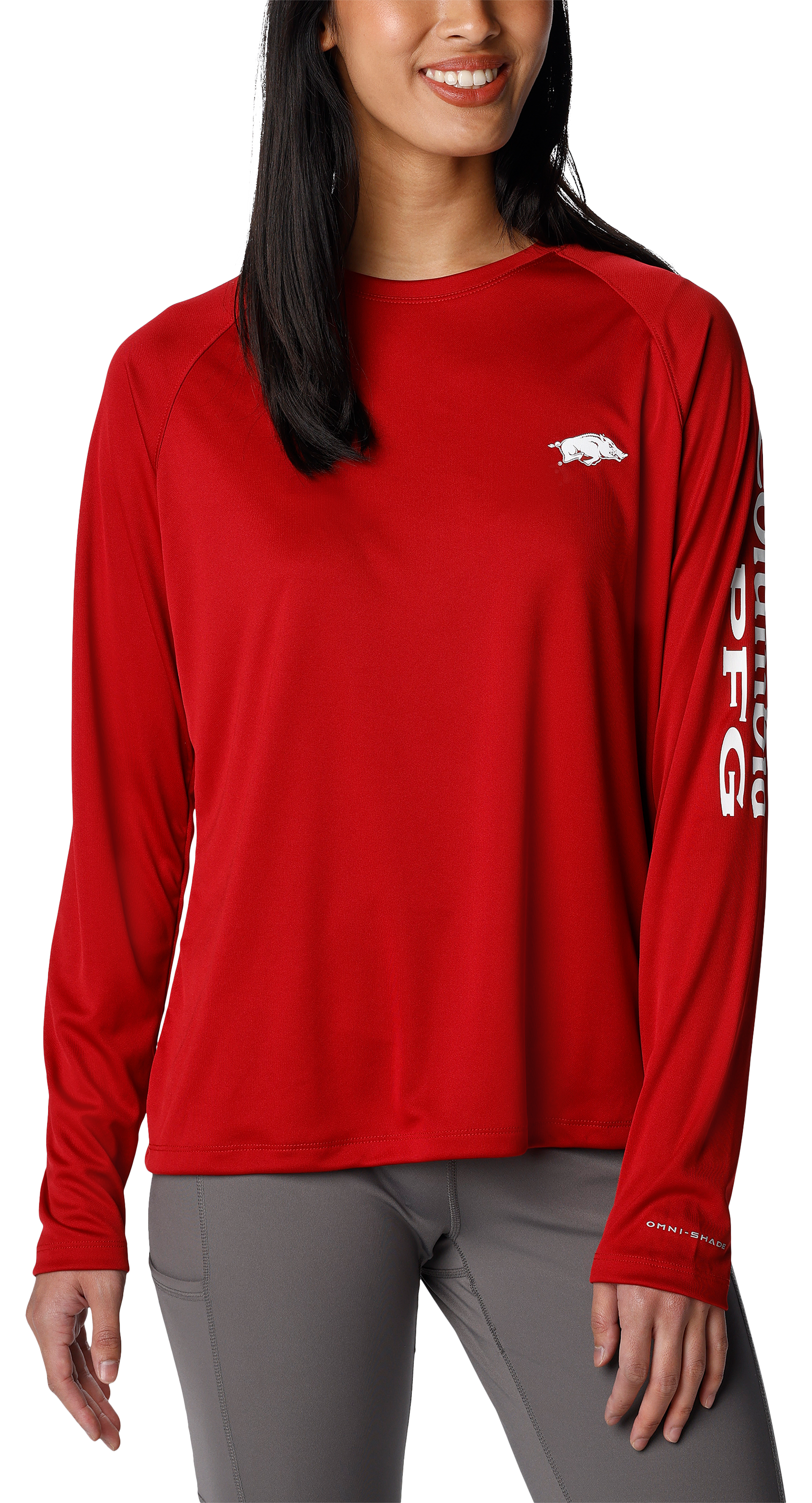 Image of Columbia PFG Tidal Tee Collegiate Long-Sleeve Shirt for Ladies - Univ of Arkansas/Red Velvet - L