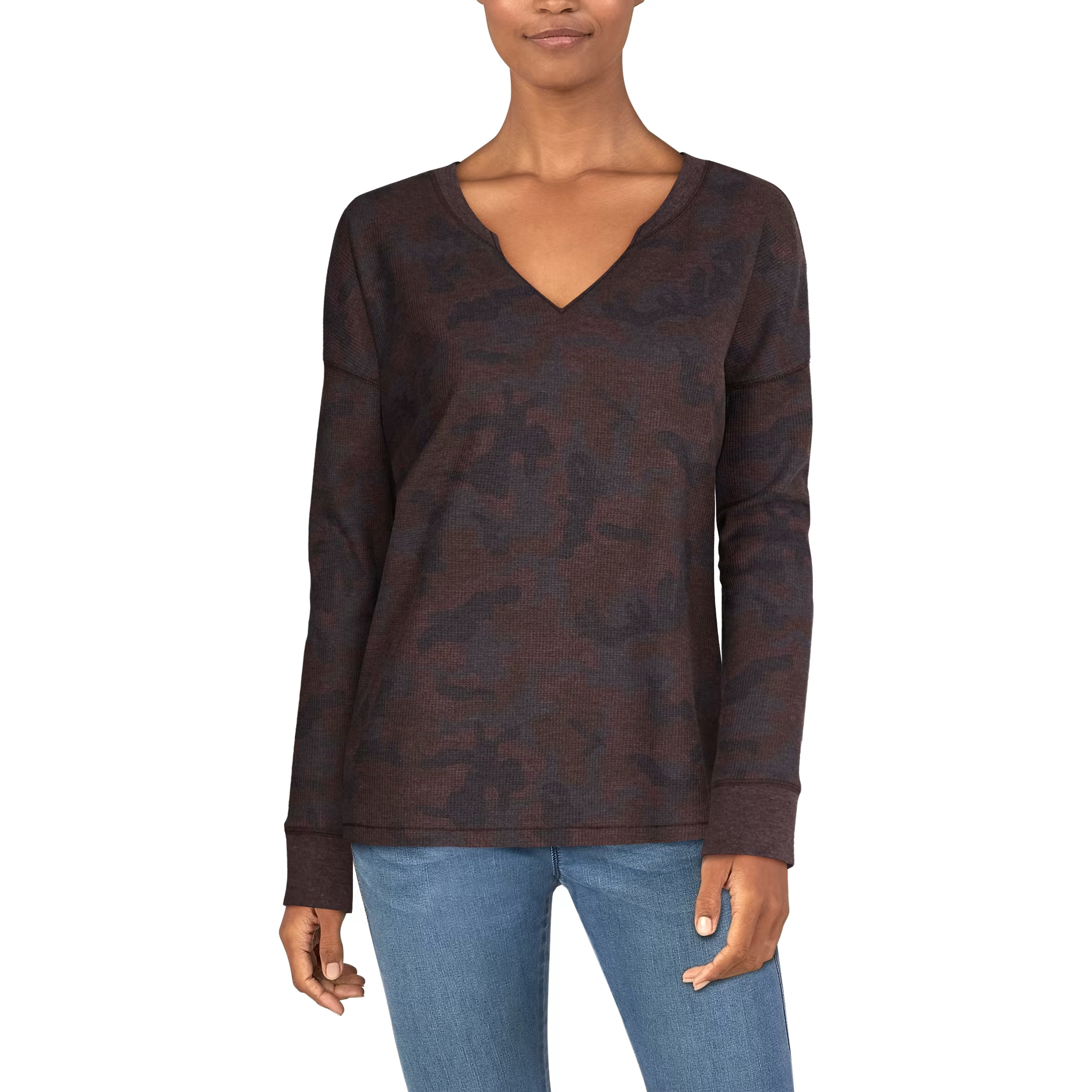 NATURAL REFLECTIONS Hillside Notch-Neck Long-Sleeve Waffle Shirt
