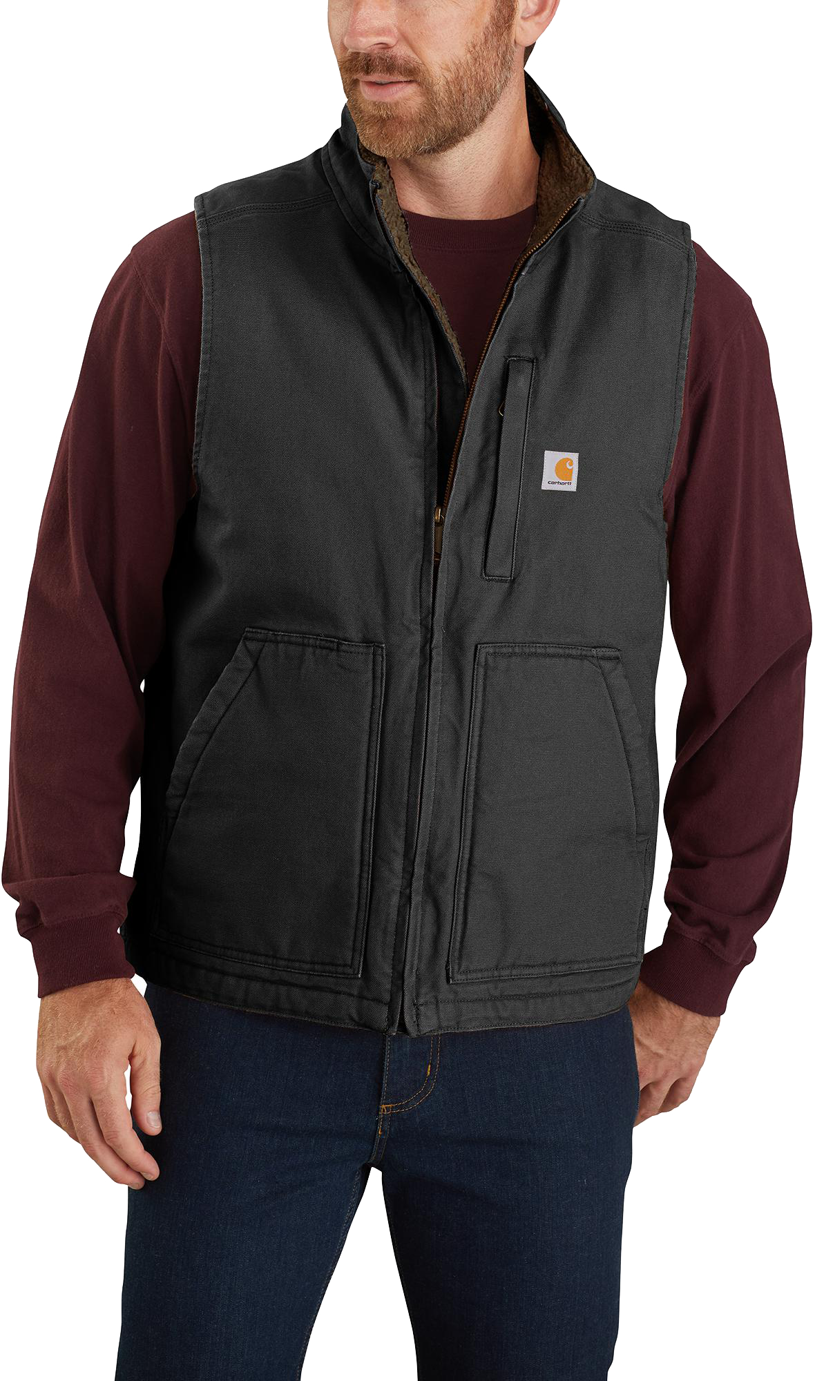 Image of Carhartt Loose-Fit Washed Duck Sherpa-Lined Mock-Neck Vest for Men - Black - MT