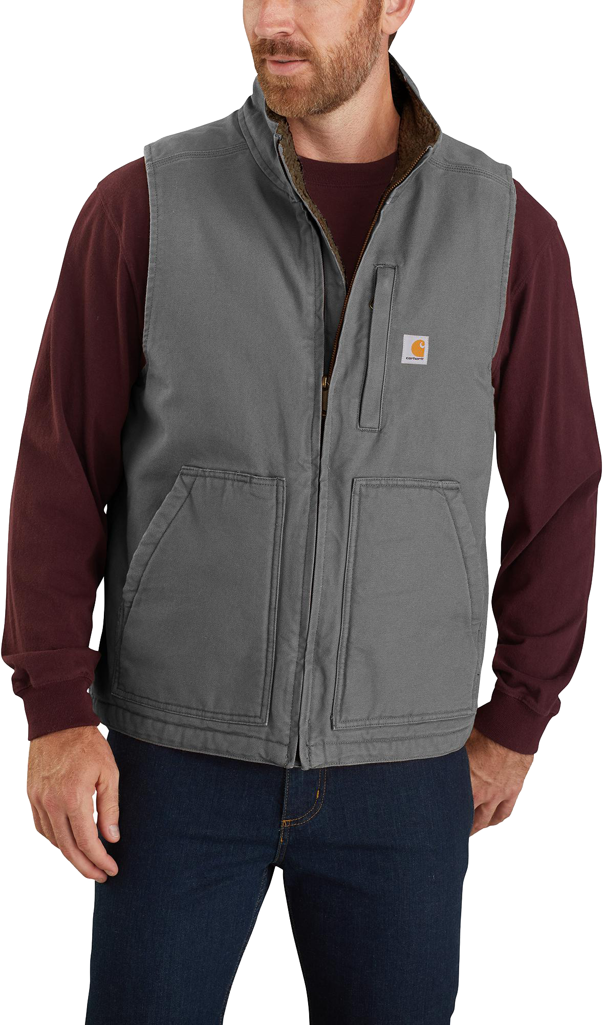 Image of Carhartt Loose-Fit Washed Duck Sherpa-Lined Mock-Neck Vest for Men - Gravel - 5XL