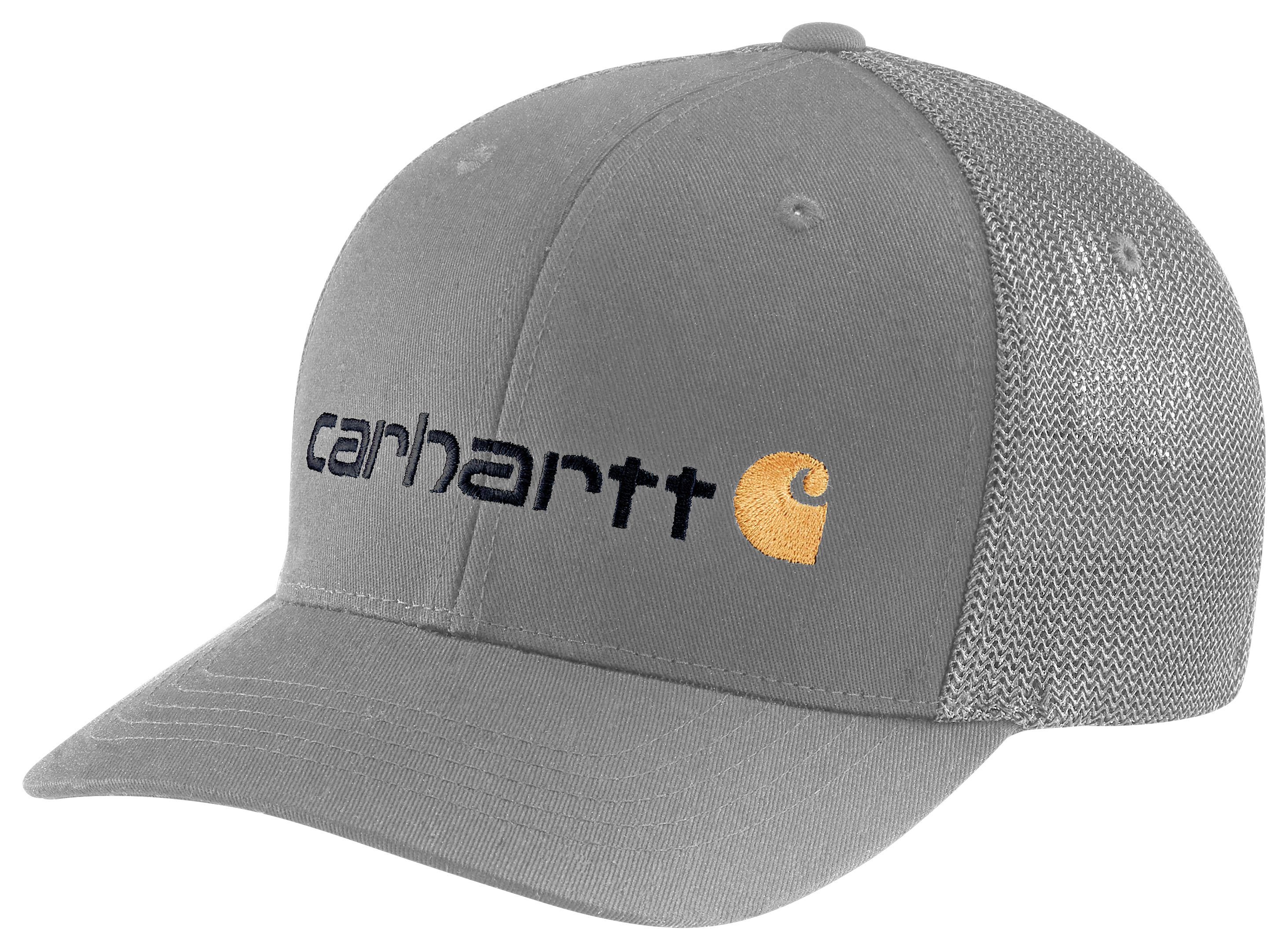 Image of Carhartt Rugged Flex Canvas Logo Graphic Mesh-Back Fitted Cap - Asphalt - S/M