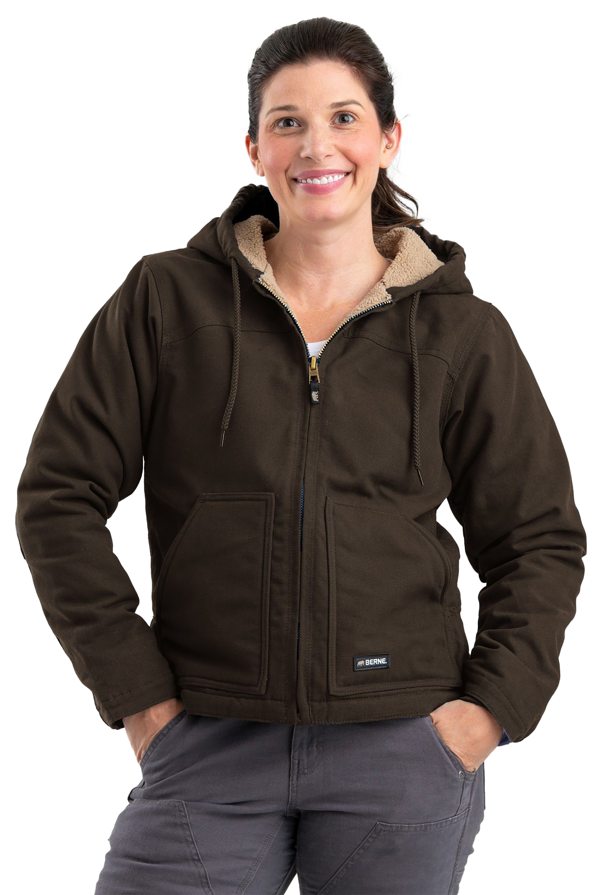 Image of Berne Sherpa-Lined Softstone Duck Hooded Jacket for Ladies - Dark Brown - LT