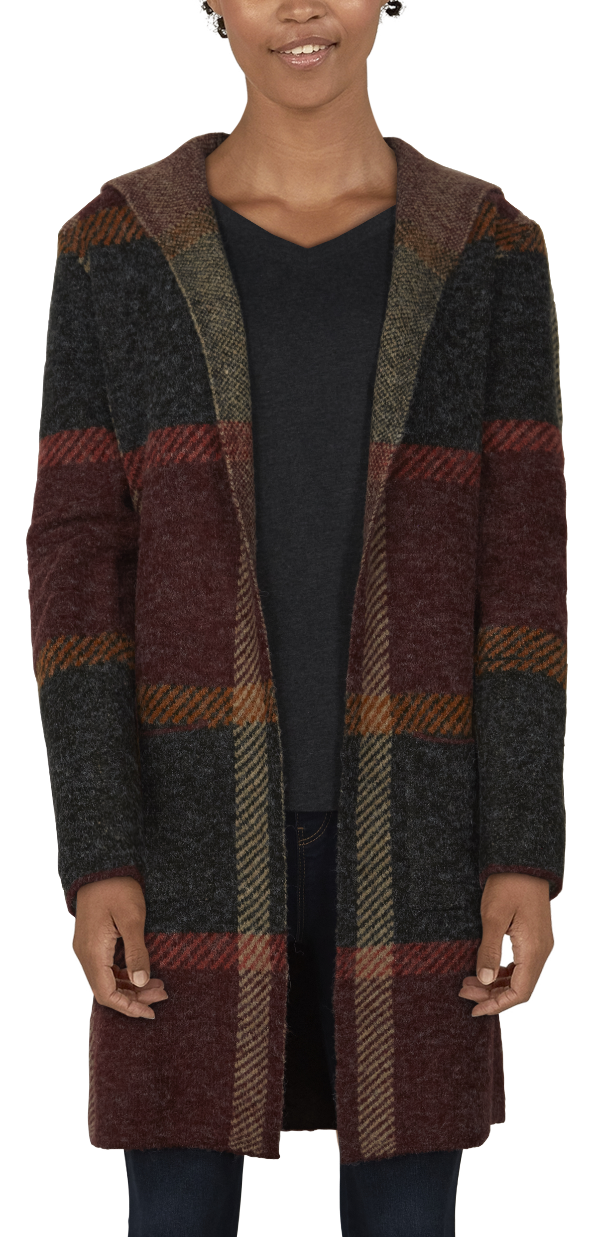 Natural Reflections Long-Sleeve Sweater Coatigan for Ladies - New York Plaid Wine - S product image