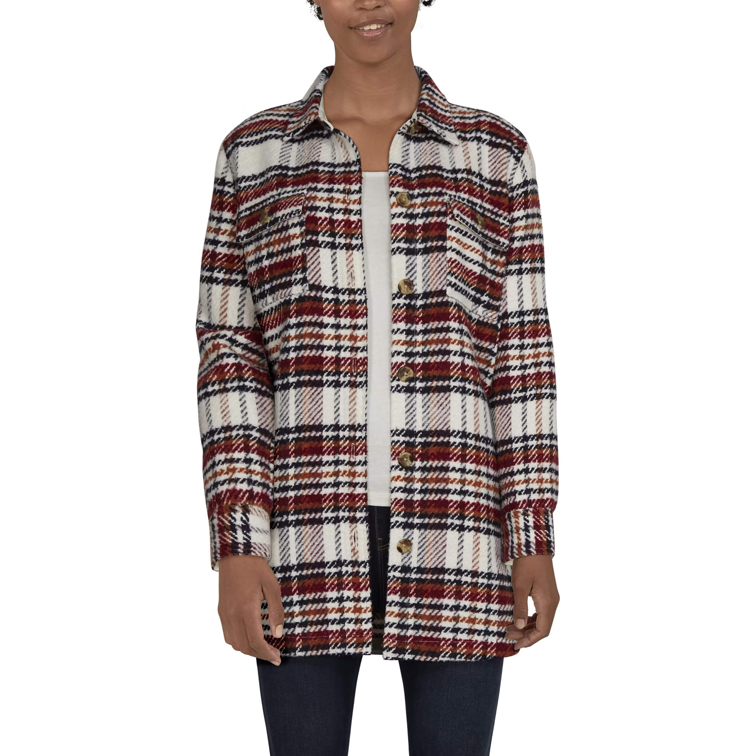 Natural Reflections Plaid Long-Sleeve Shirt Jacket for Ladies - Egret/Zinfandel Plaid - L product image