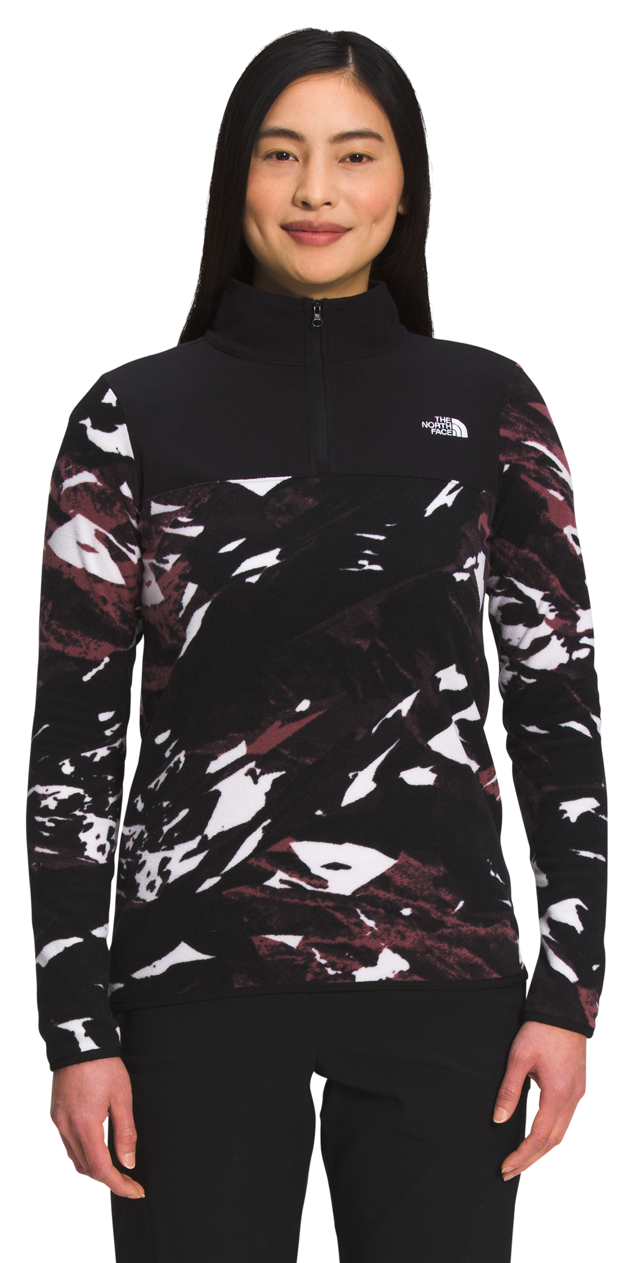 The North Face Printed TKA Glacier Quarter-Zip Long-Sleeve Pullover for Ladies - Wild Ginger Snowcap Mountains/TNF Black - M