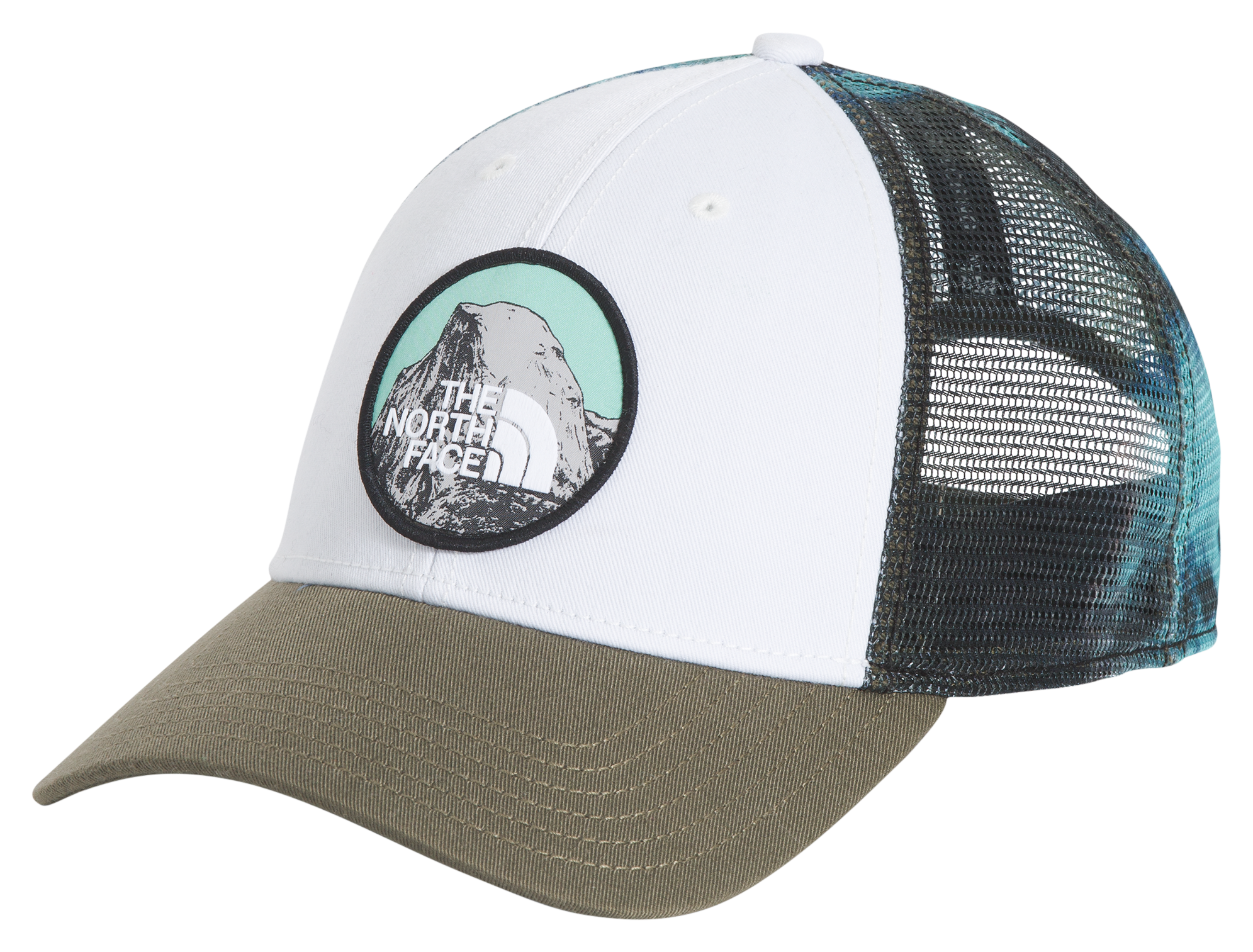 The North Face Mudder Trucker Cap with Mountain Graphic and Logo - TNF White/Wasabi Ice Print
