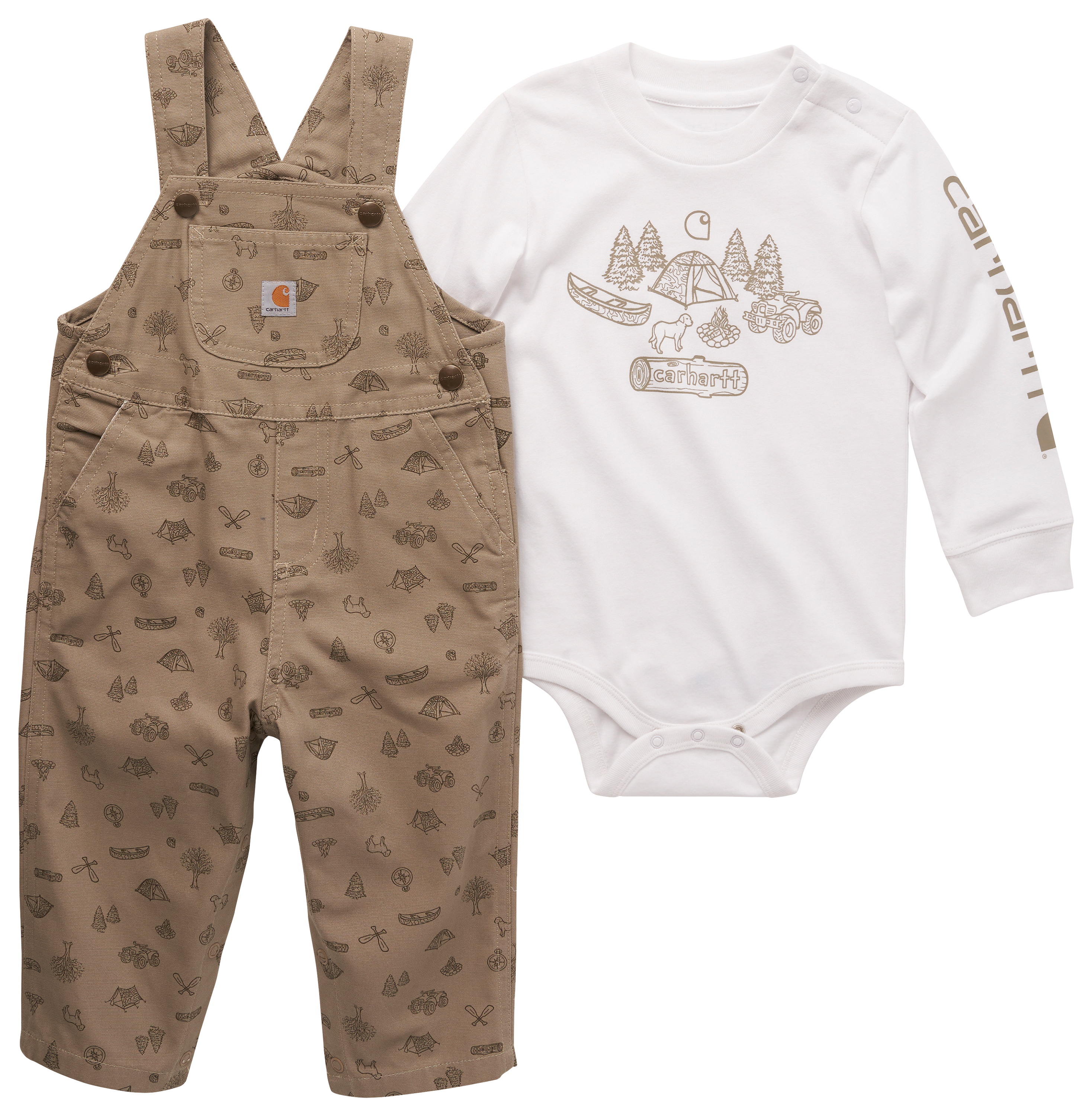 Carhartt Camp Graphic Long Sleeve Bodysuit and Canvas Printed Overalls Set for Baby Boys Winter Twig/White 24 Months