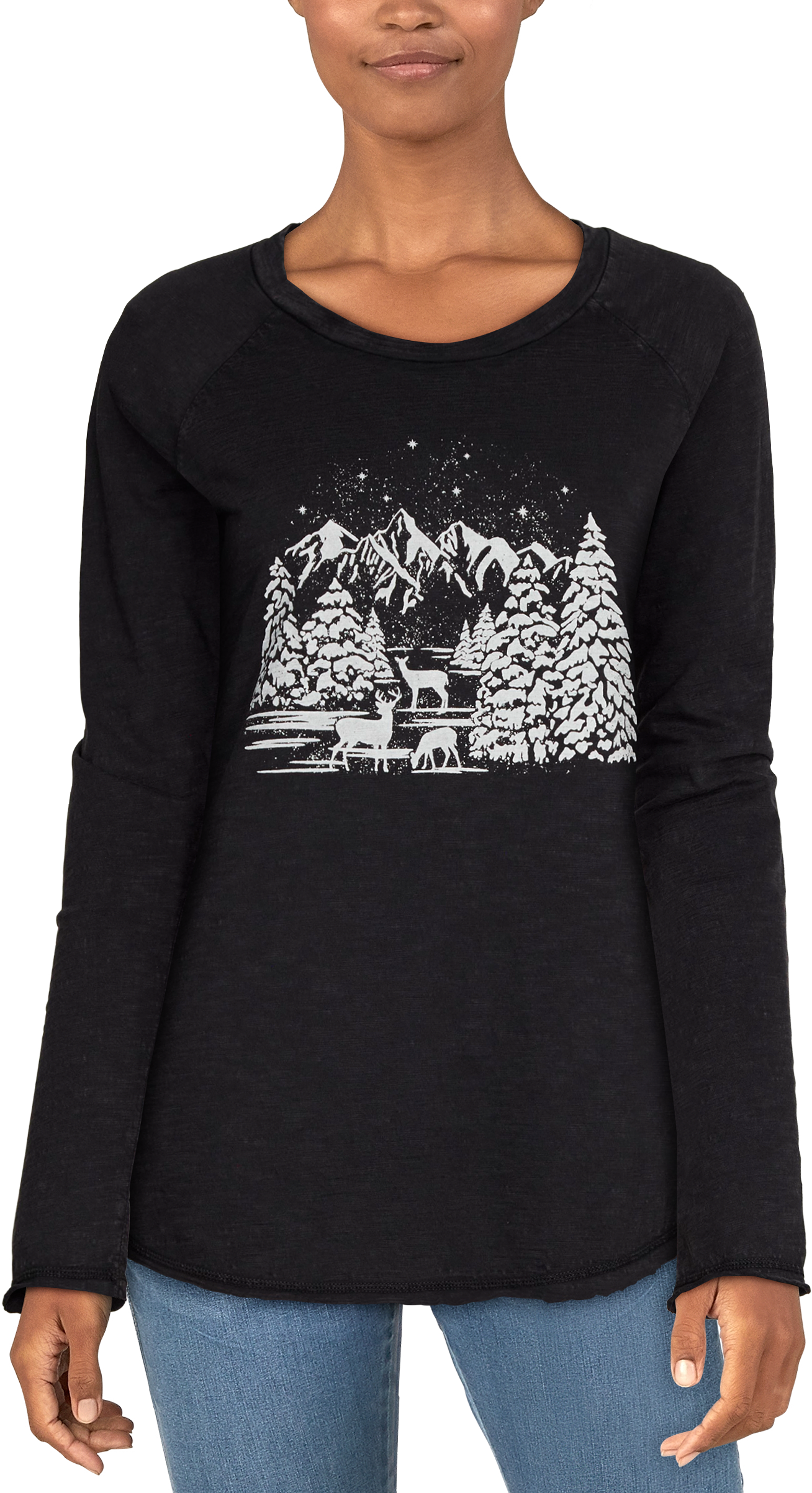NATURAL REFLECTIONS Acid Wash Forest Tree Long-Sleeve T-Shirt for Ladies