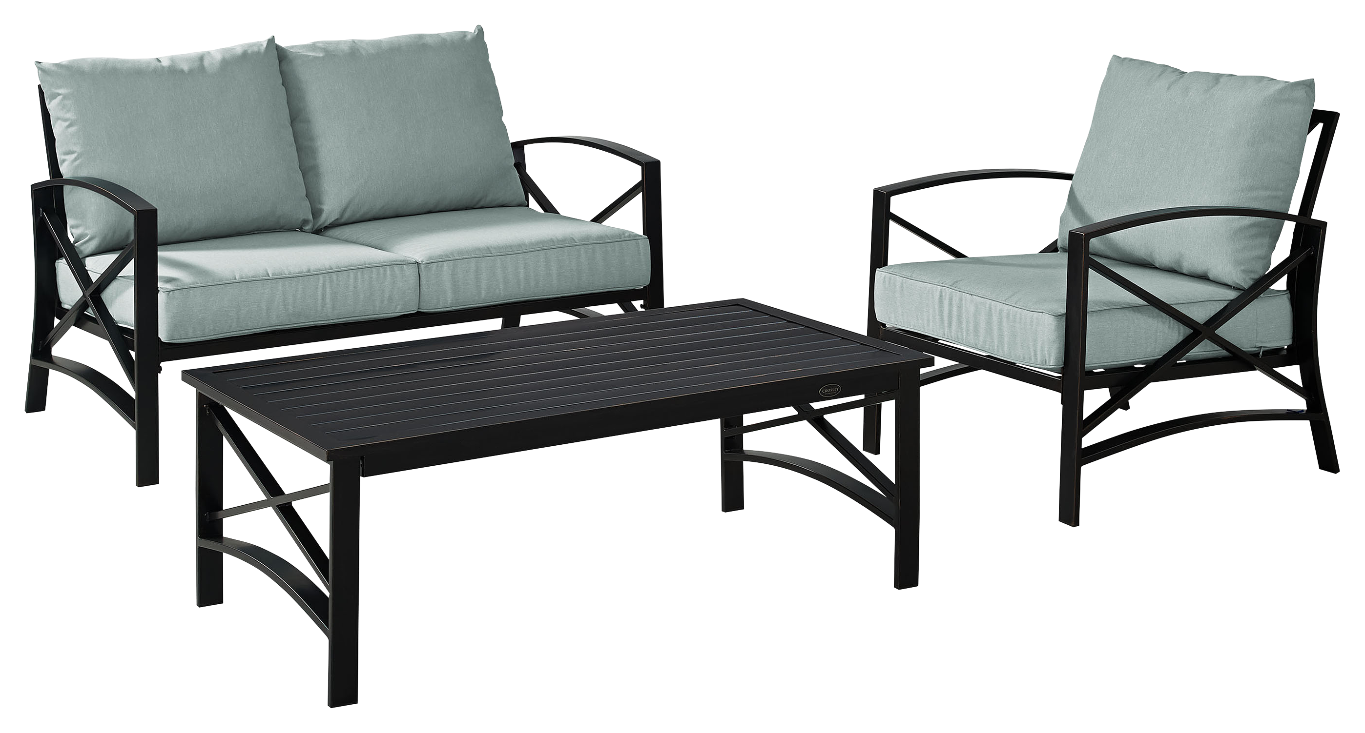 Crosley Kaplan Loveseat, Armchair, And Coffee Table 3 Piece Outdoor Metal Patio Furniture Set Mist/oil Rubbed Bronze