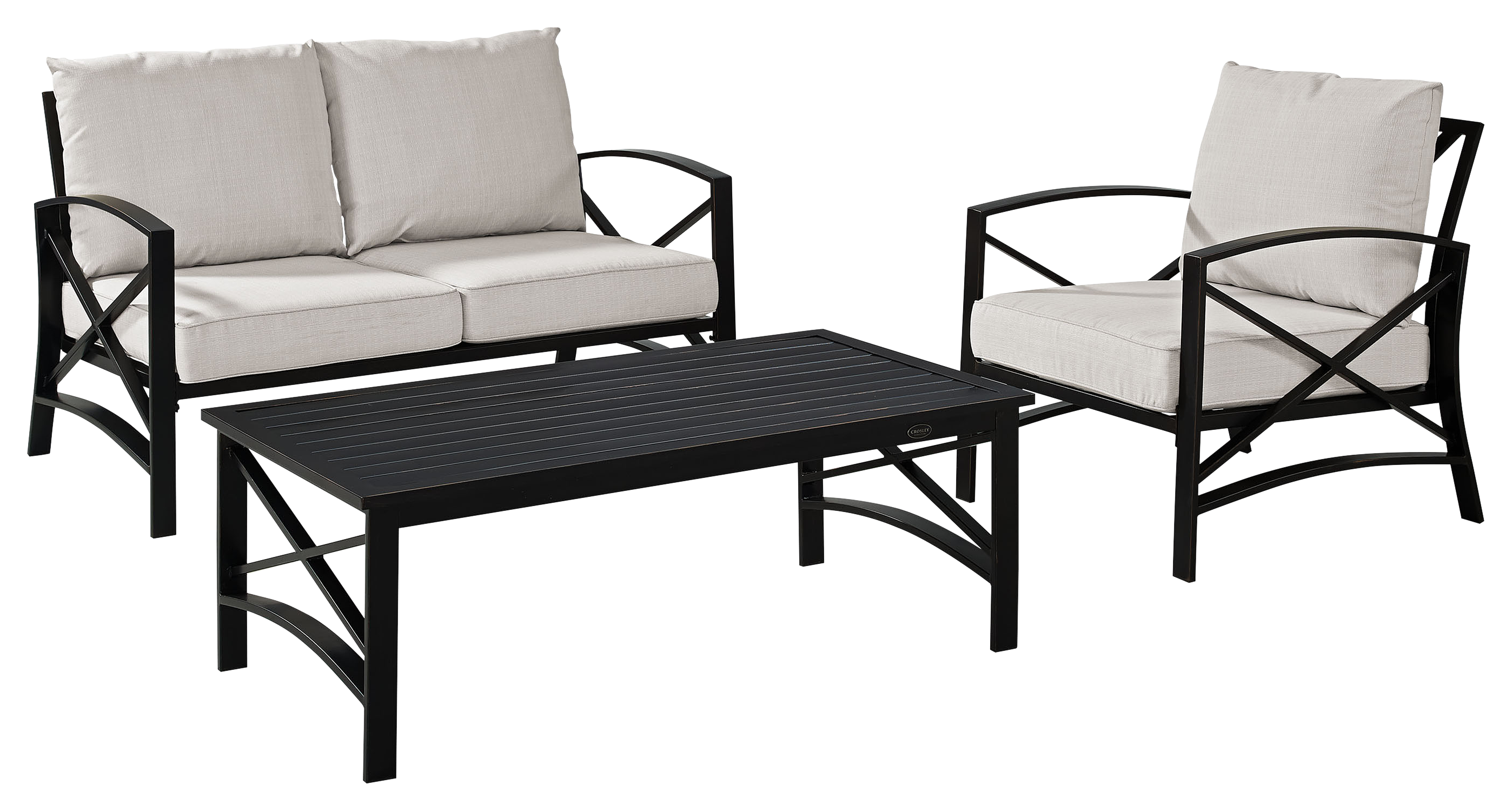 Crosley Kaplan Loveseat, Armchair, And Coffee Table 3 Piece Outdoor Metal Patio Furniture Set Oatmeal/oil Rubbed Bronze