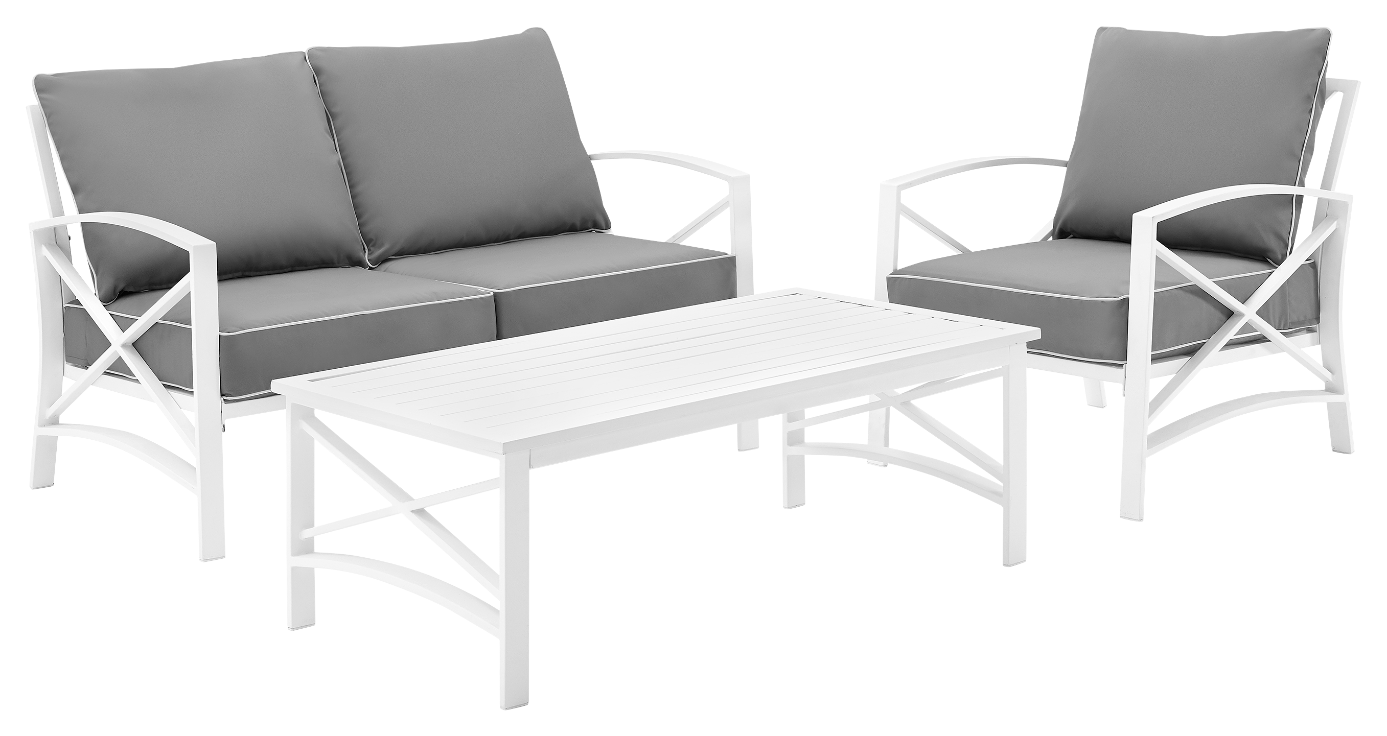 Crosley Kaplan Loveseat, Armchair, And Coffee Table 3 Piece Outdoor Metal Patio Furniture Set Gray/white