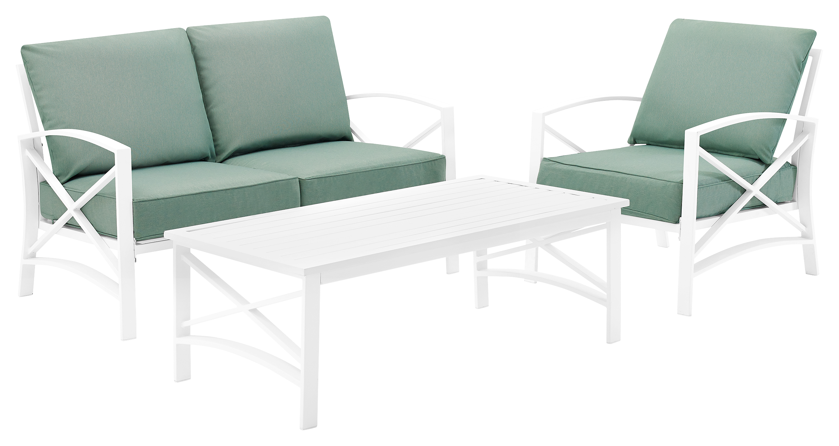 Crosley Kaplan Loveseat, Armchair, And Coffee Table 3 Piece Outdoor Metal Patio Furniture Set Mist/white