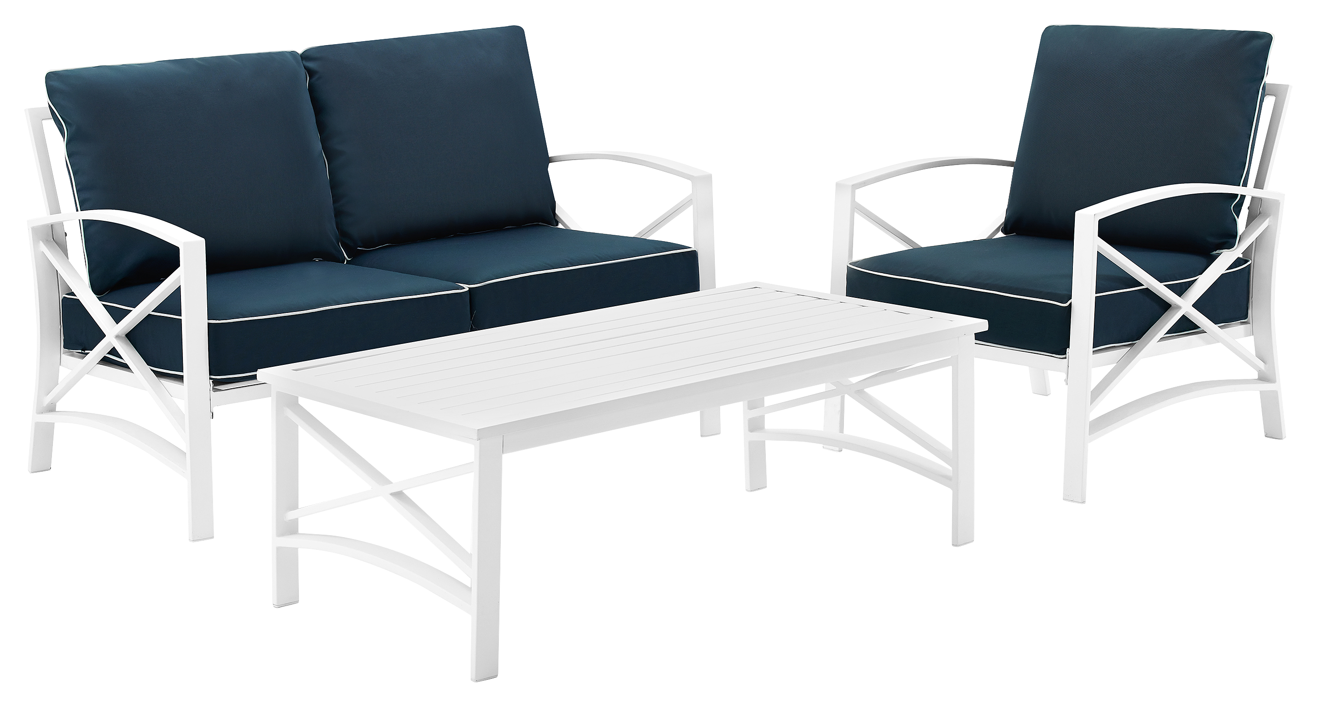Crosley Kaplan Loveseat, Armchair, And Coffee Table 3 Piece Outdoor Metal Patio Furniture Set Navy/white