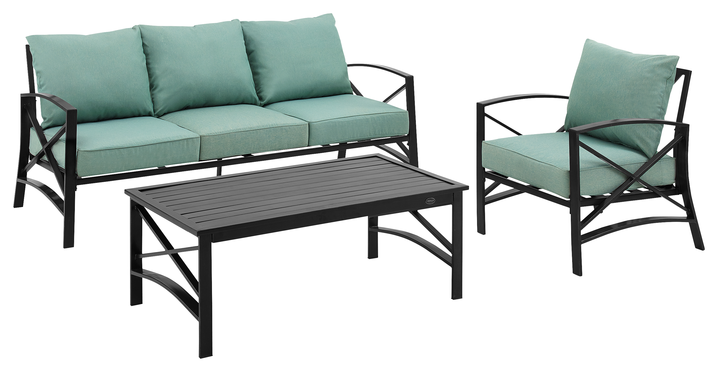 Image of Crosley Kaplan Outdoor Metal Sofa, Armchair, and Coffee Table 3-Piece Set - Mist