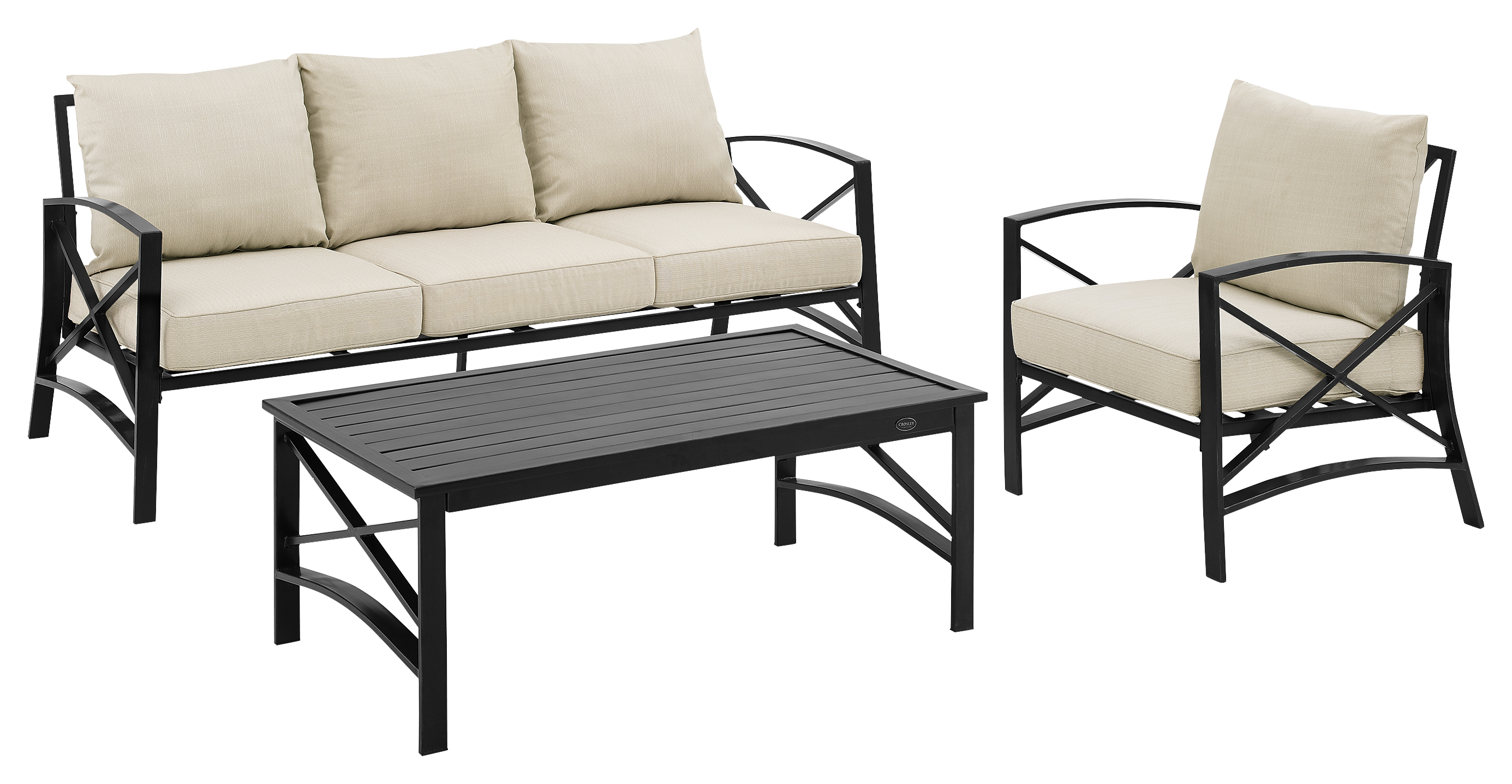 Image of Crosley Kaplan Outdoor Metal Sofa, Armchair, and Coffee Table 3-Piece Set - Oatmeal