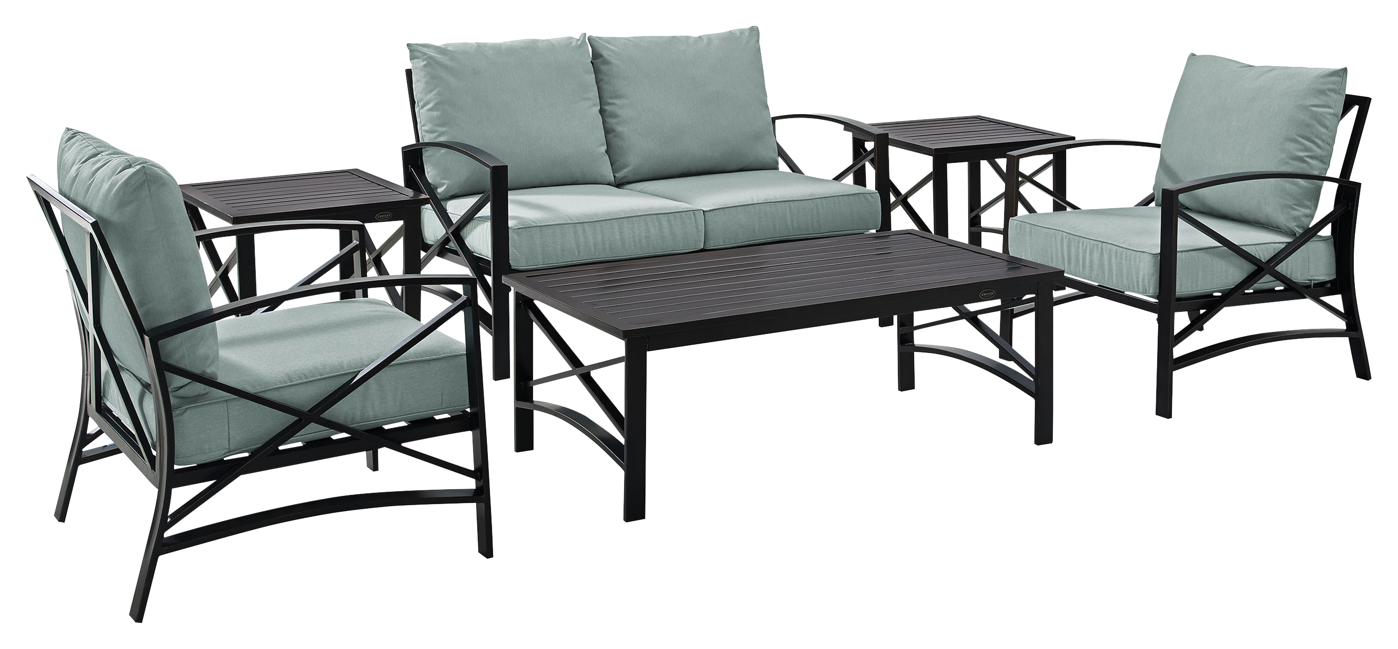 Crosley Kaplan Loveseat, Armchairs, And Tables 6 Piece Outdoor Metal Patio Furniture Set Mist/black