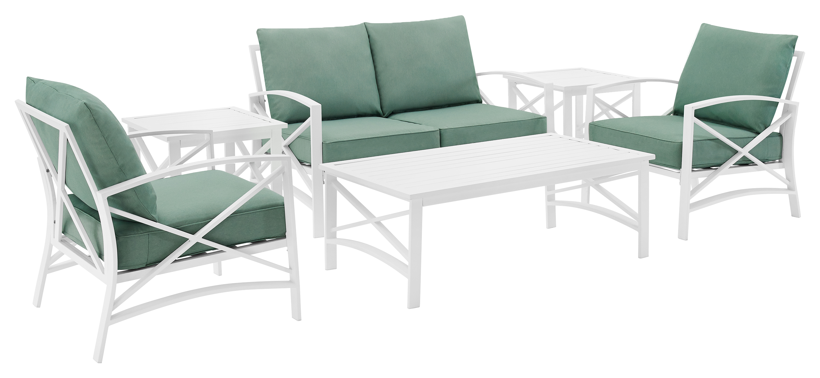 Crosley Kaplan Loveseat, Armchairs, And Tables 6 Piece Outdoor Metal Patio Furniture Set Mist/white