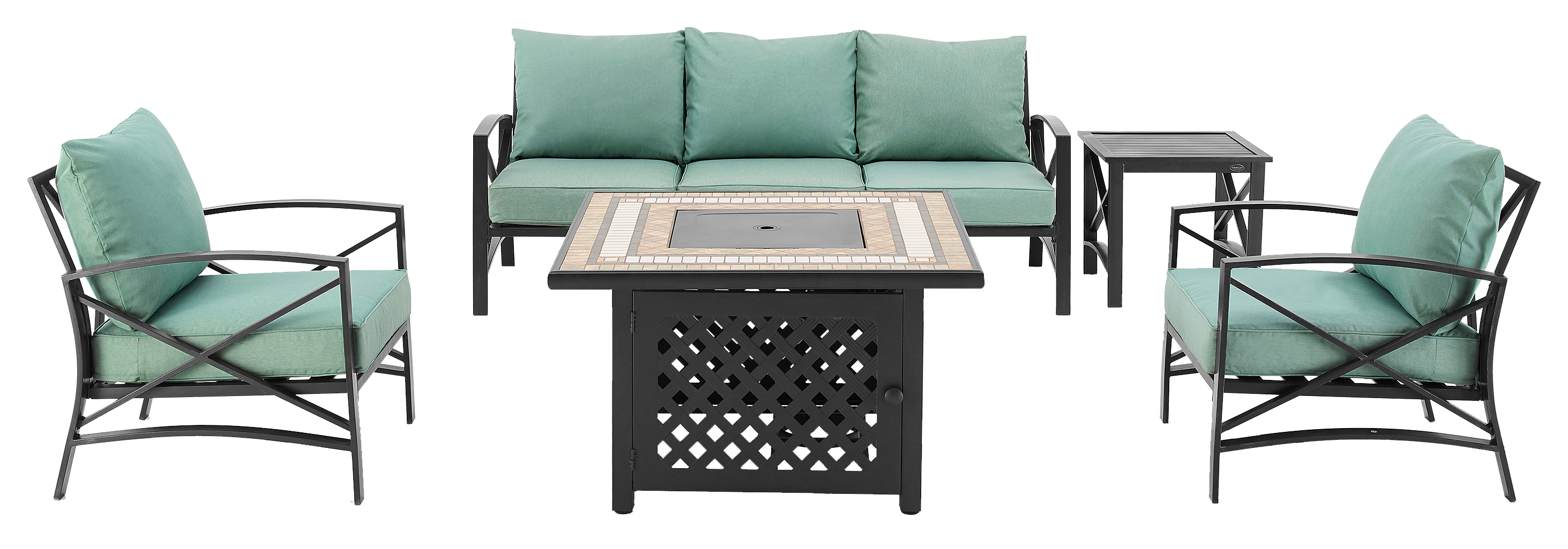 Image of Crosley Kaplan Sofa, Chairs, and Table Outdoor Metal 5-Piece Set with Tile Stone Top Fire Table - Mist