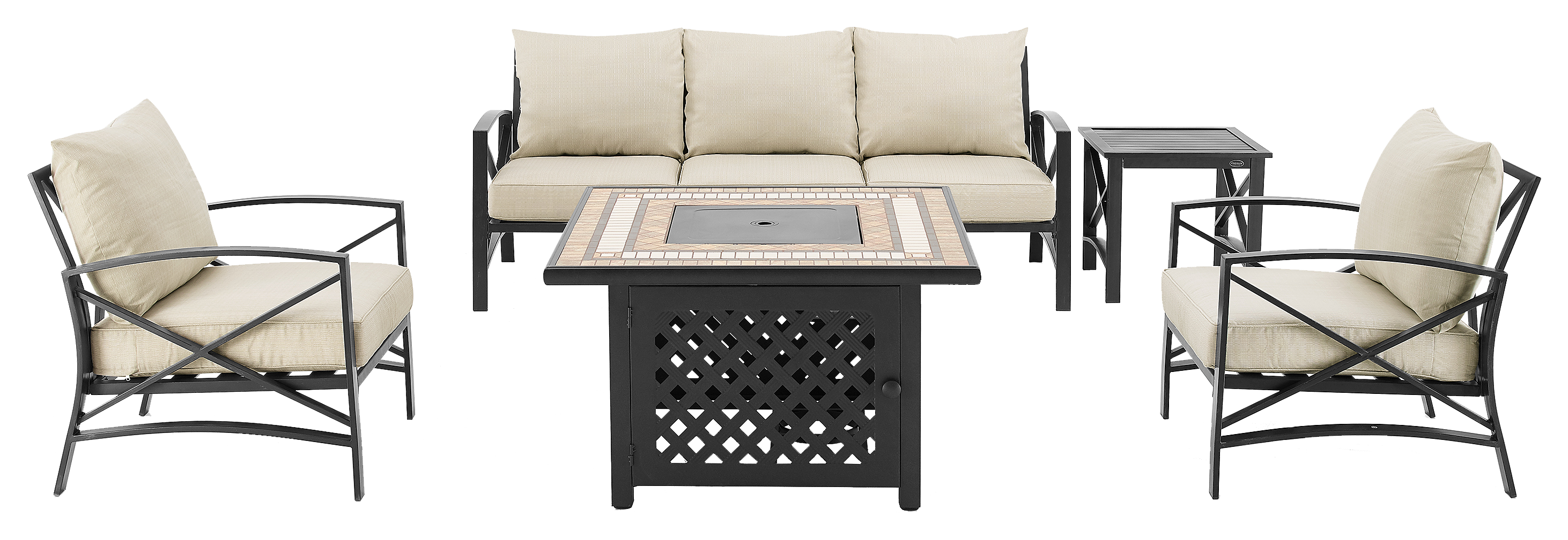 Image of Crosley Kaplan Sofa, Chairs, and Table Outdoor Metal 5-Piece Set with Tile Stone Top Fire Table