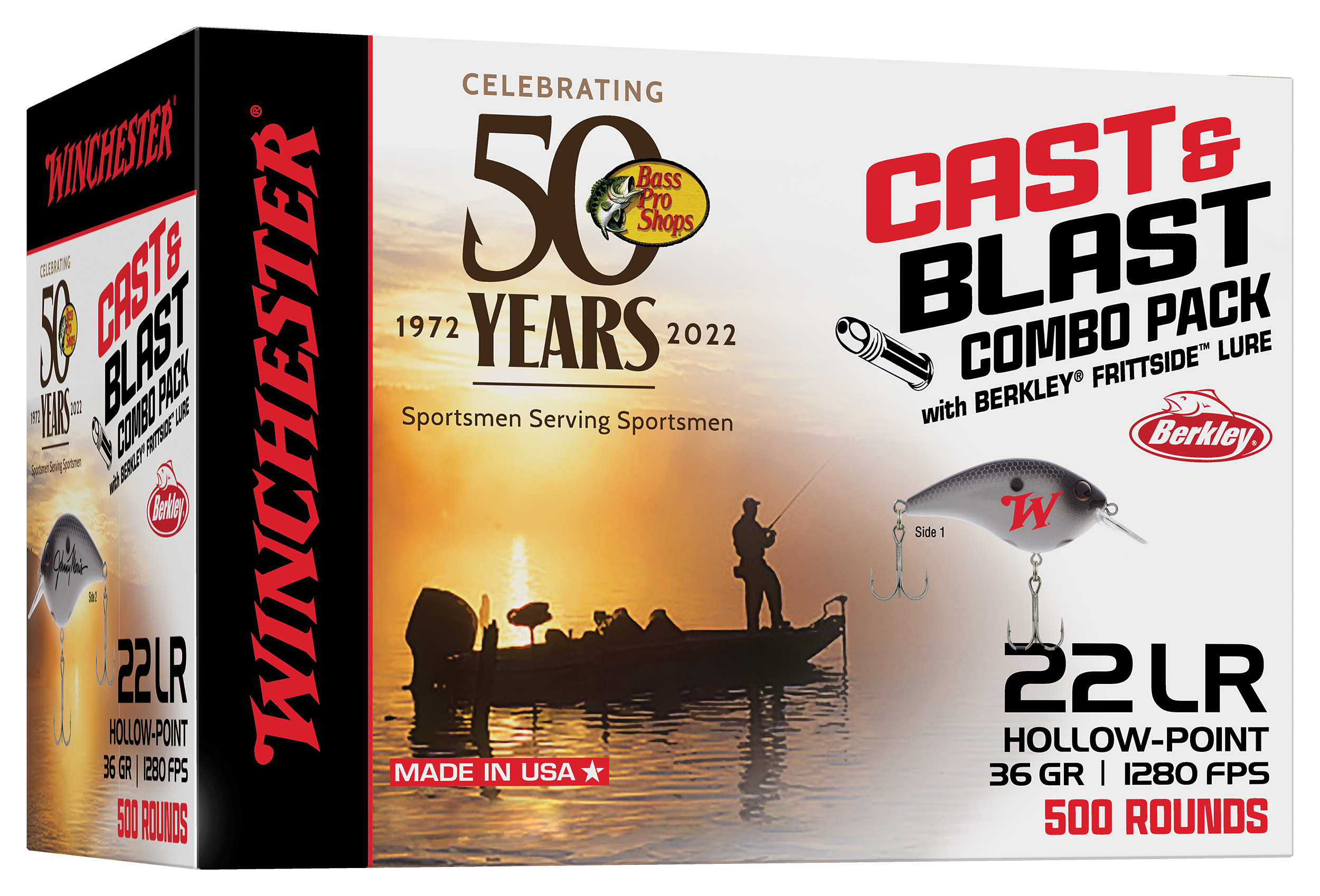 Winchester Bass Pro Shops 50th Anniversary CAST & BLAST 22 LR Ammo and Berkley Frittside Fishing Lure Combo
