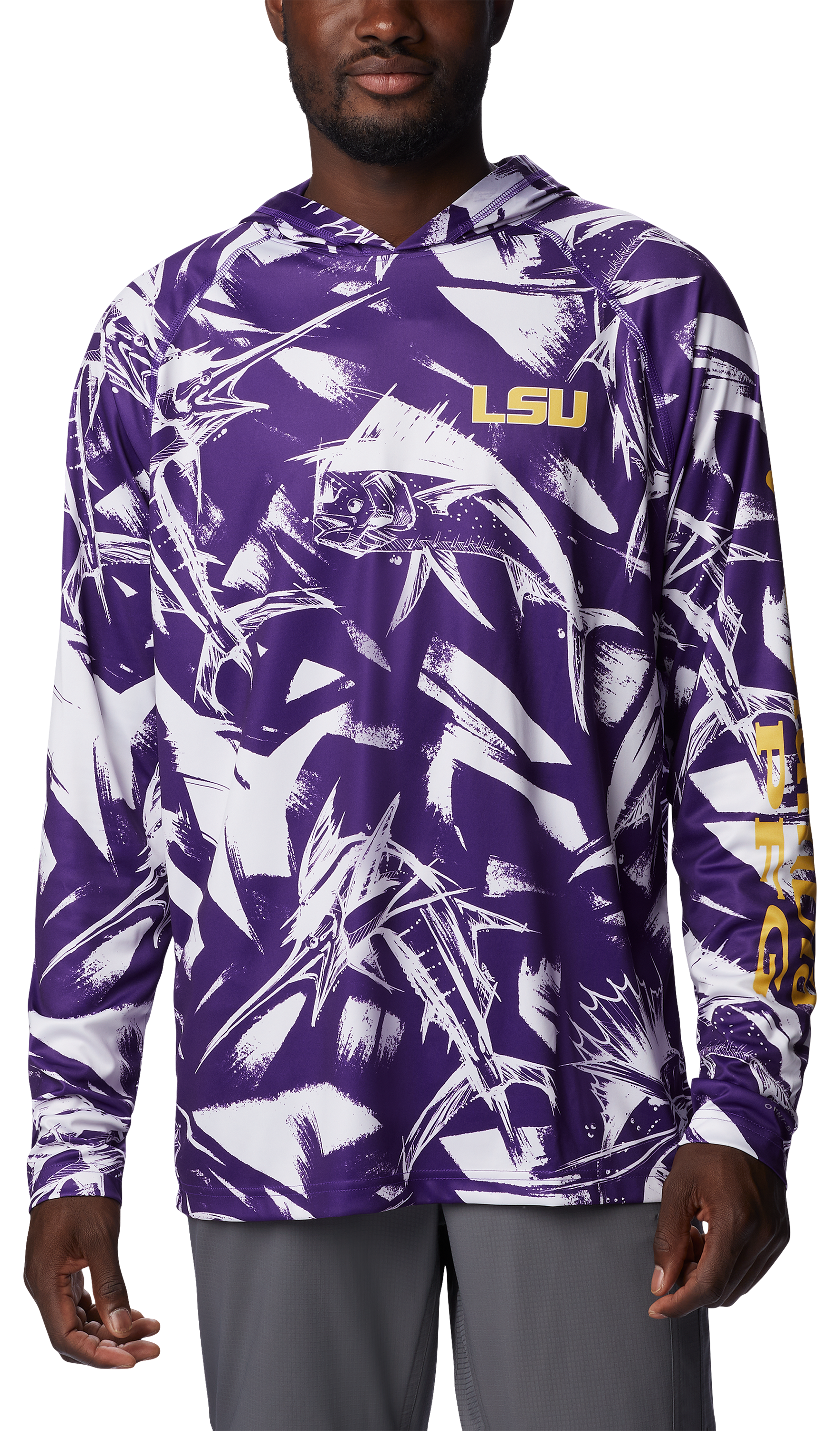 Image of Columbia Collegiate Super Terminal Tackle Long-Sleeve Hoodie for Men - Louisiana State University/Vivid Purple Game Fish - M