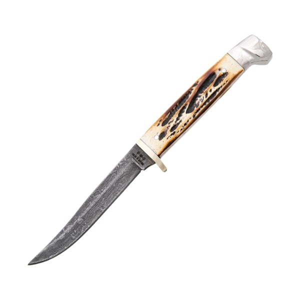Bear &Son Small Genuine India Stag Bone Damascus Hunter Fixed-Blade Knife