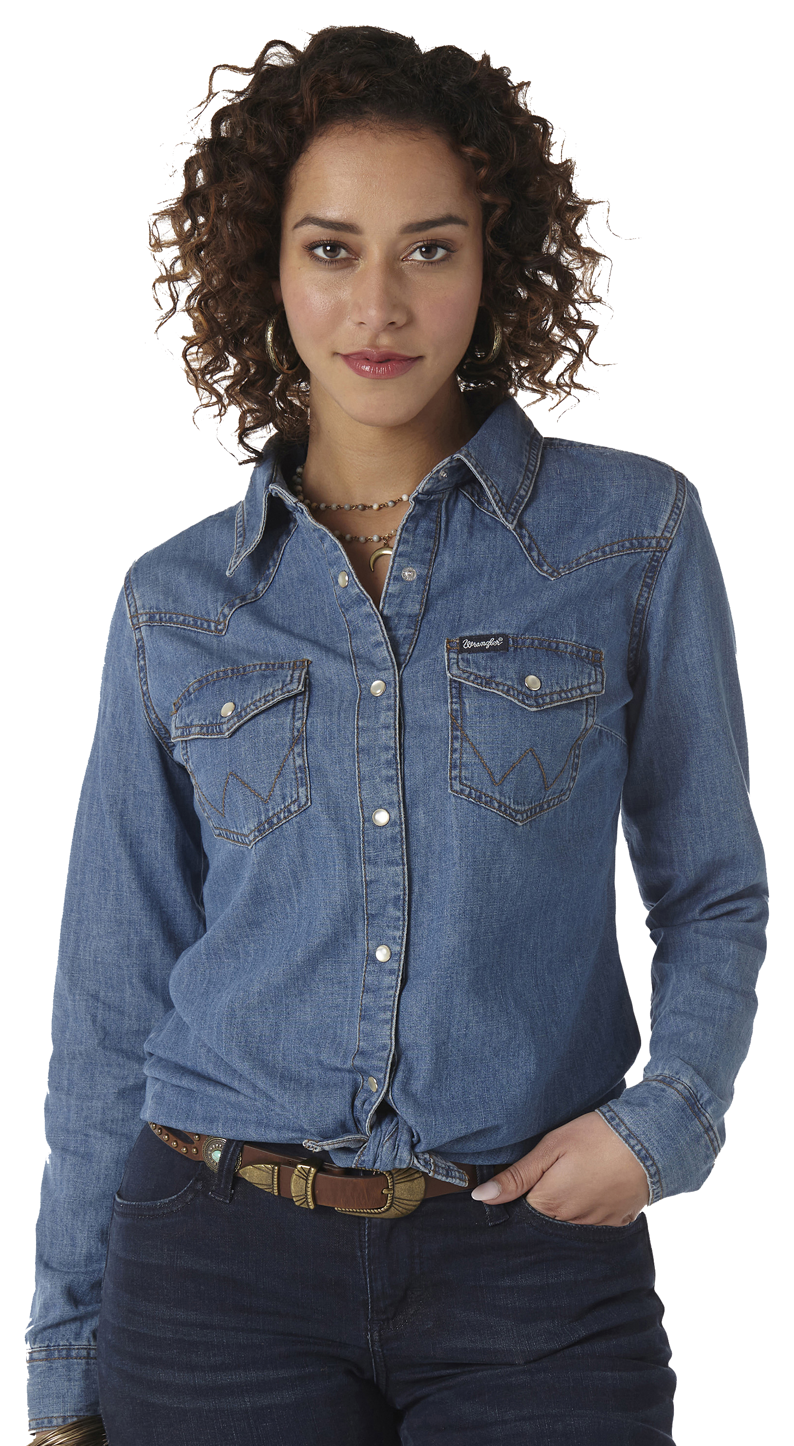 Image of Wrangler Western Snap Denim Long-Sleeve Shirt for Ladies - Mid Denim - M