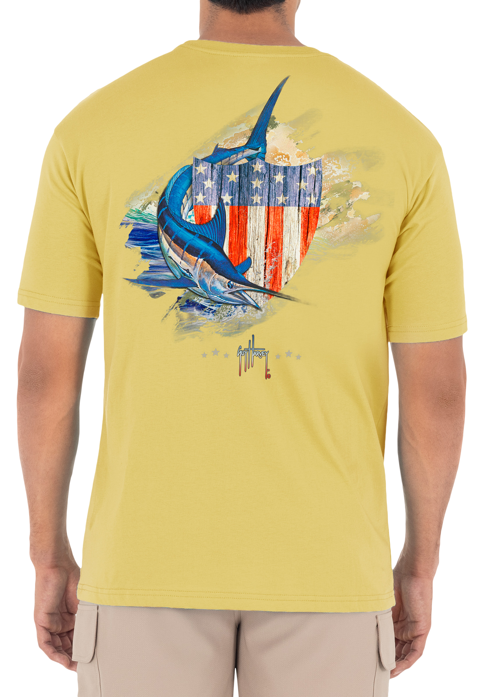 Guy Harvey Patriotic Shield Short-Sleeve Pocket T-Shirt for Men - Sunshine 