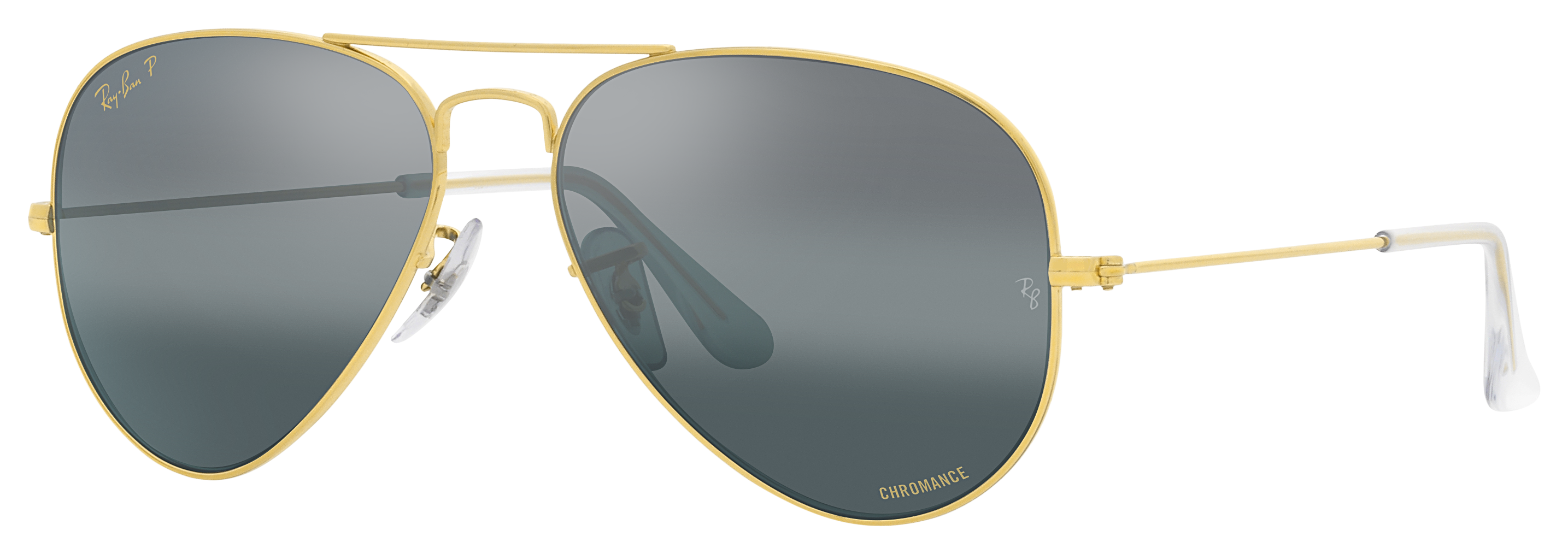 Image of Ray-Ban Aviator RB3025 Chromance Mirror Polarized Sunglasses - Polished Gold/Silver/Blue Chromance Mirror - X-Large