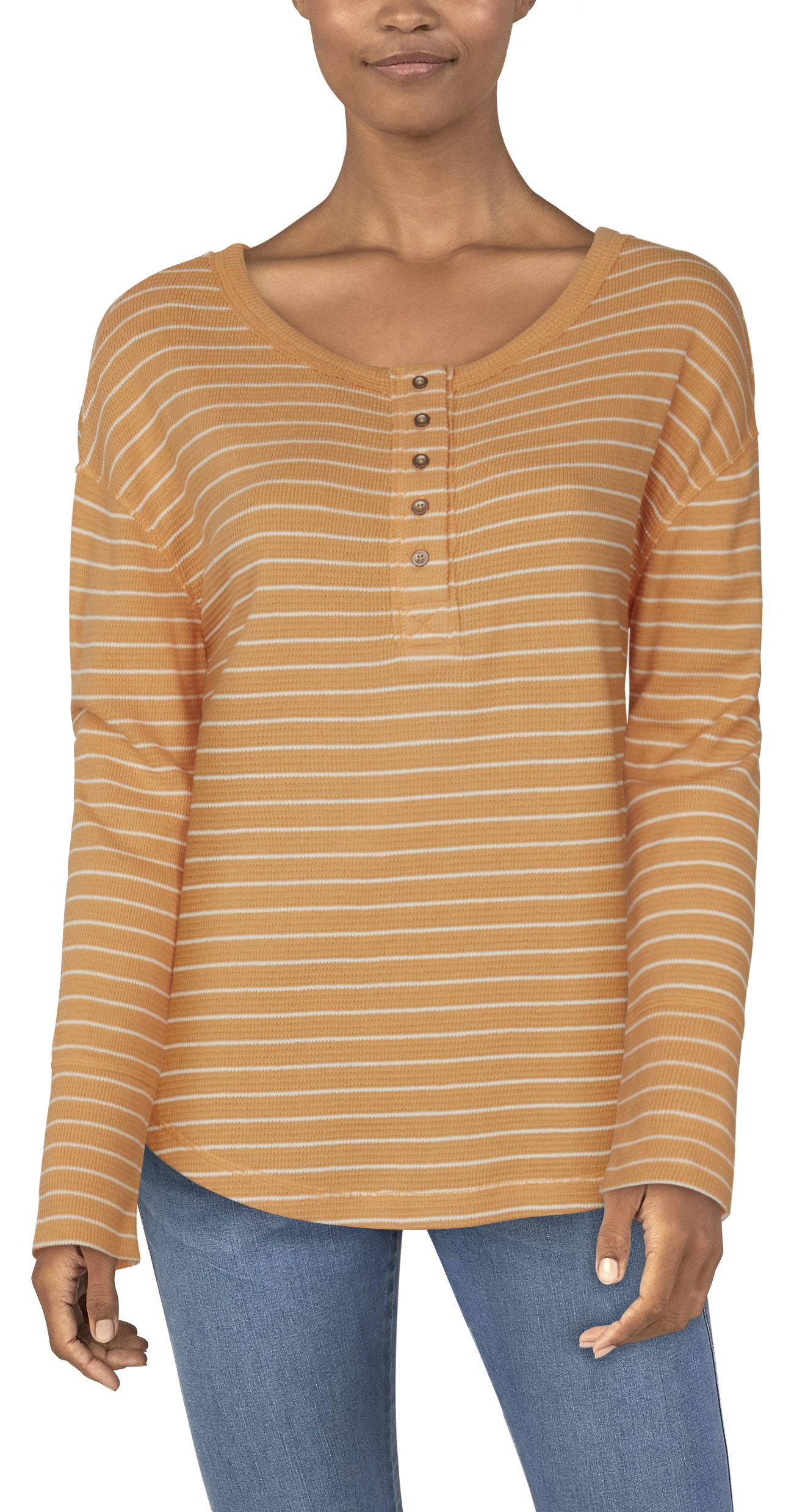 NATURAL REFLECTIONS Stripe Waffle Long-Sleeve Henley for Ladies