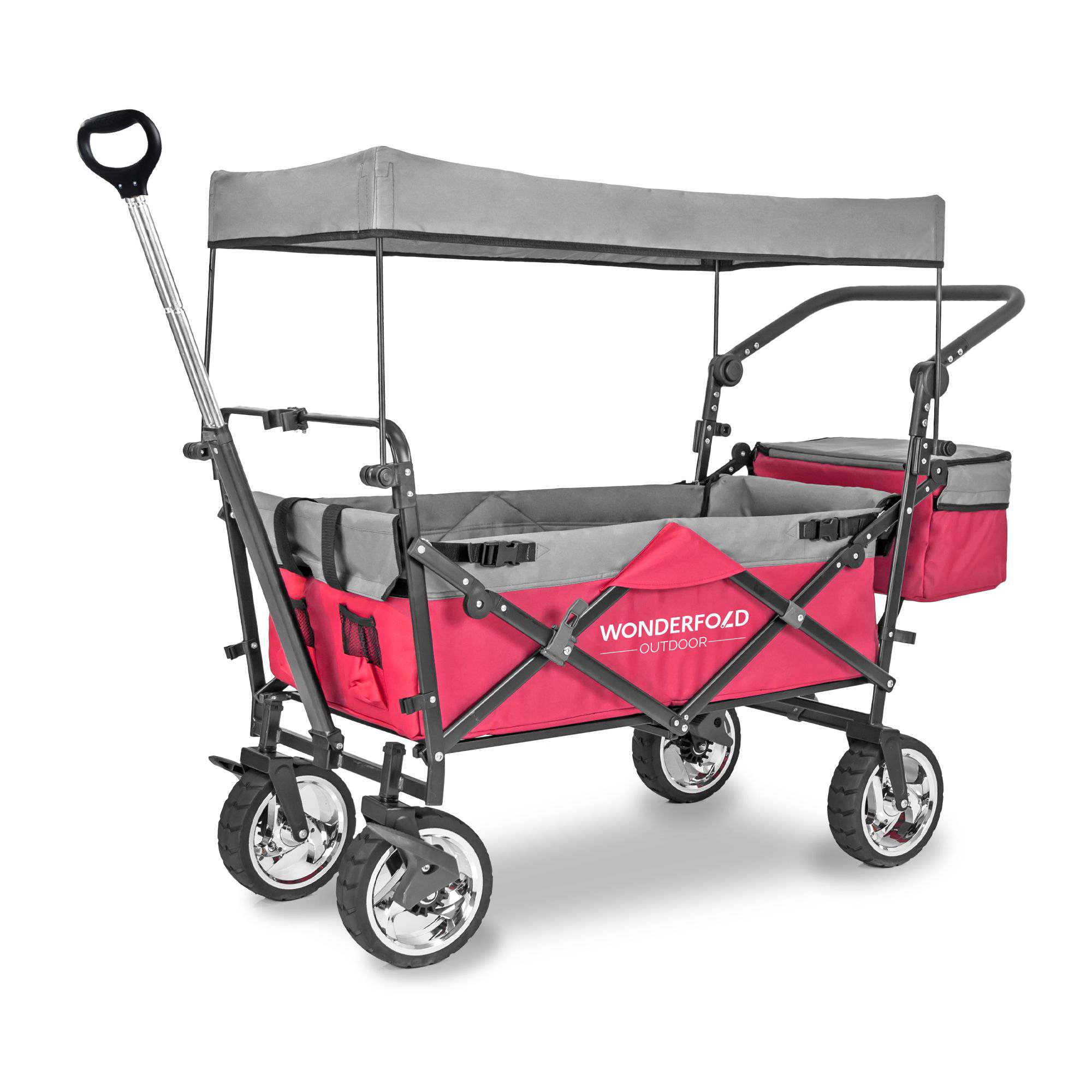 Image of WonderFold Wagon Outdoor S4 Push + Pull Folding Utility Wagon with Canopy - Red/Gray