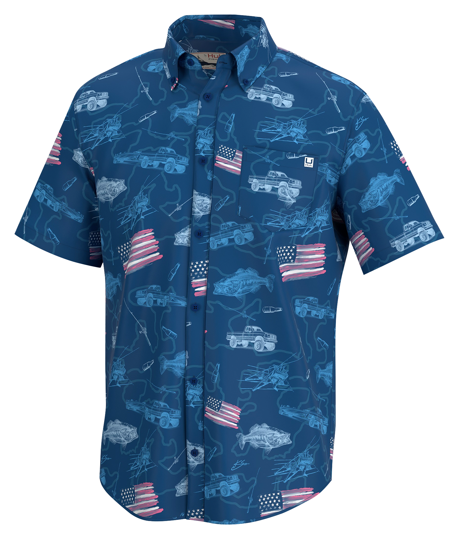 Huk Kona Fish and Flags Short-Sleeve Button-Down Shirt for Men